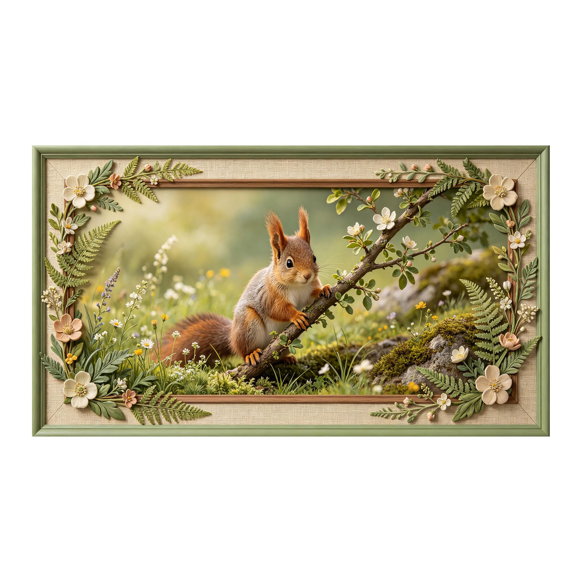 Yzpallescene 3D 3D Framed Wall Art 50cm×90cm Squirrel Forest Meadow Botanical Oil Painting Large Size SelfAdhesive Removable Wall Decor Prints Artwork for Living Room Bedroom Office