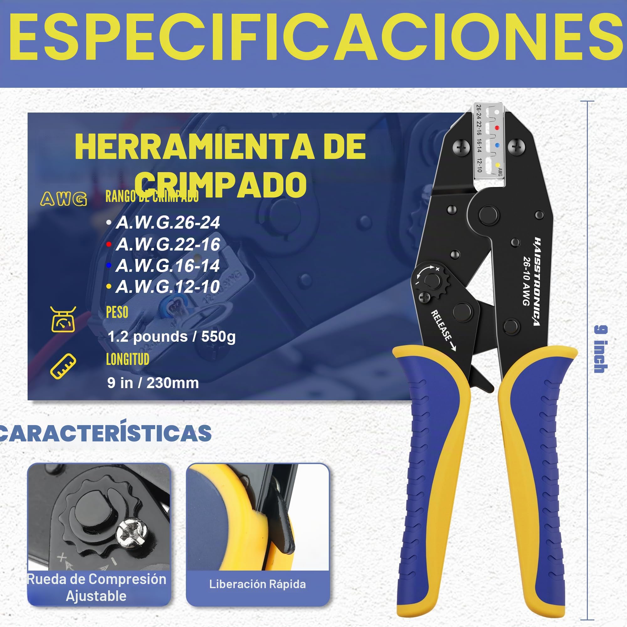 Kit de Crimpadora con Pelacables y 280 Conectores Termorretráctiles 0,5–6 mm² AWG22–10
