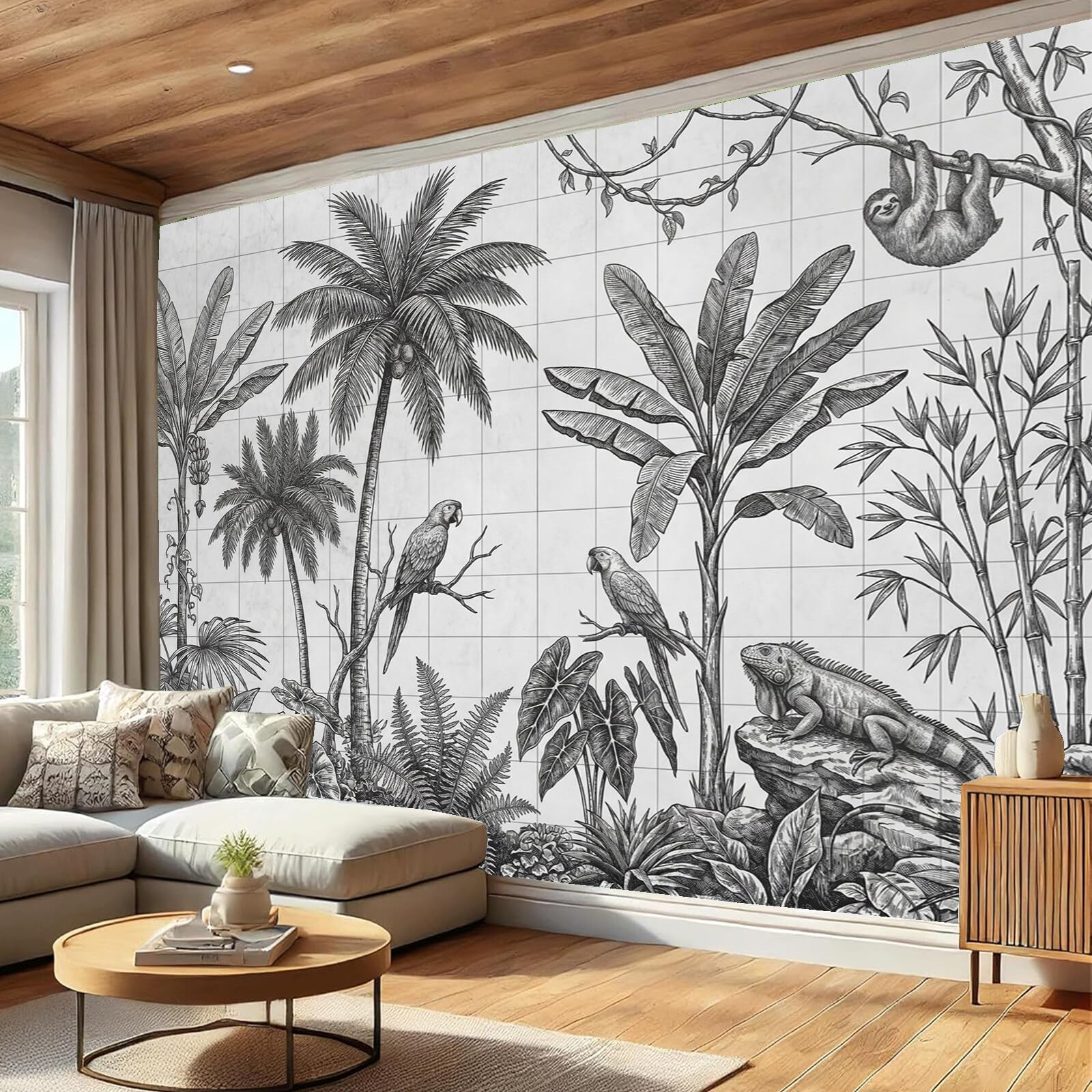 Carta Da Parati Pappagallo Dalle Foglie Di Palma Linee Tropicali Carta Da Parati Fotomurali Poster Murale Soggiorno Camera Letto Minimalista Tv Sfondo, 250X170Cm