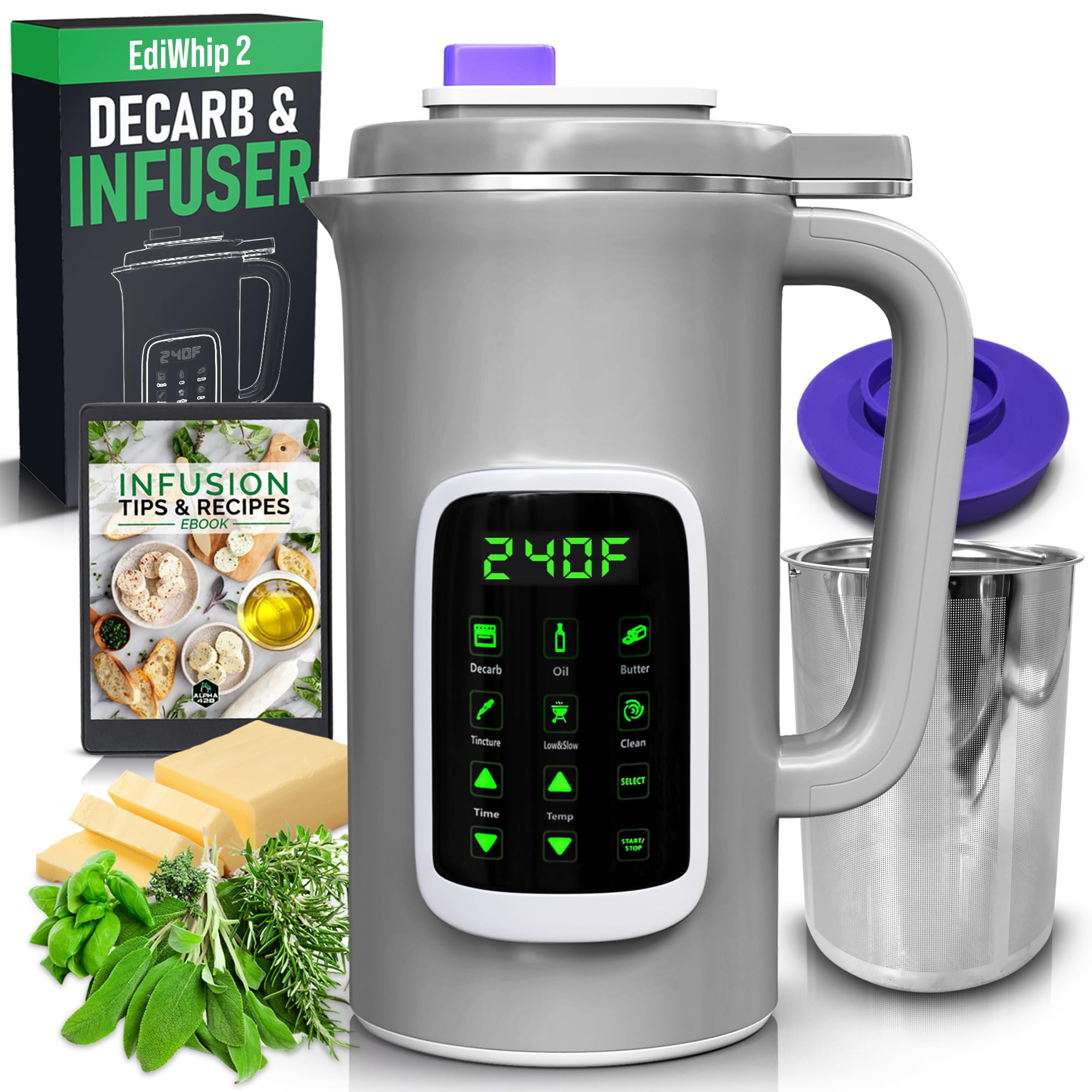 Alpha420 EdiWhip 2.0 Decarboxylator and Infuser Machine with a recipe ebook and fresh herbs.