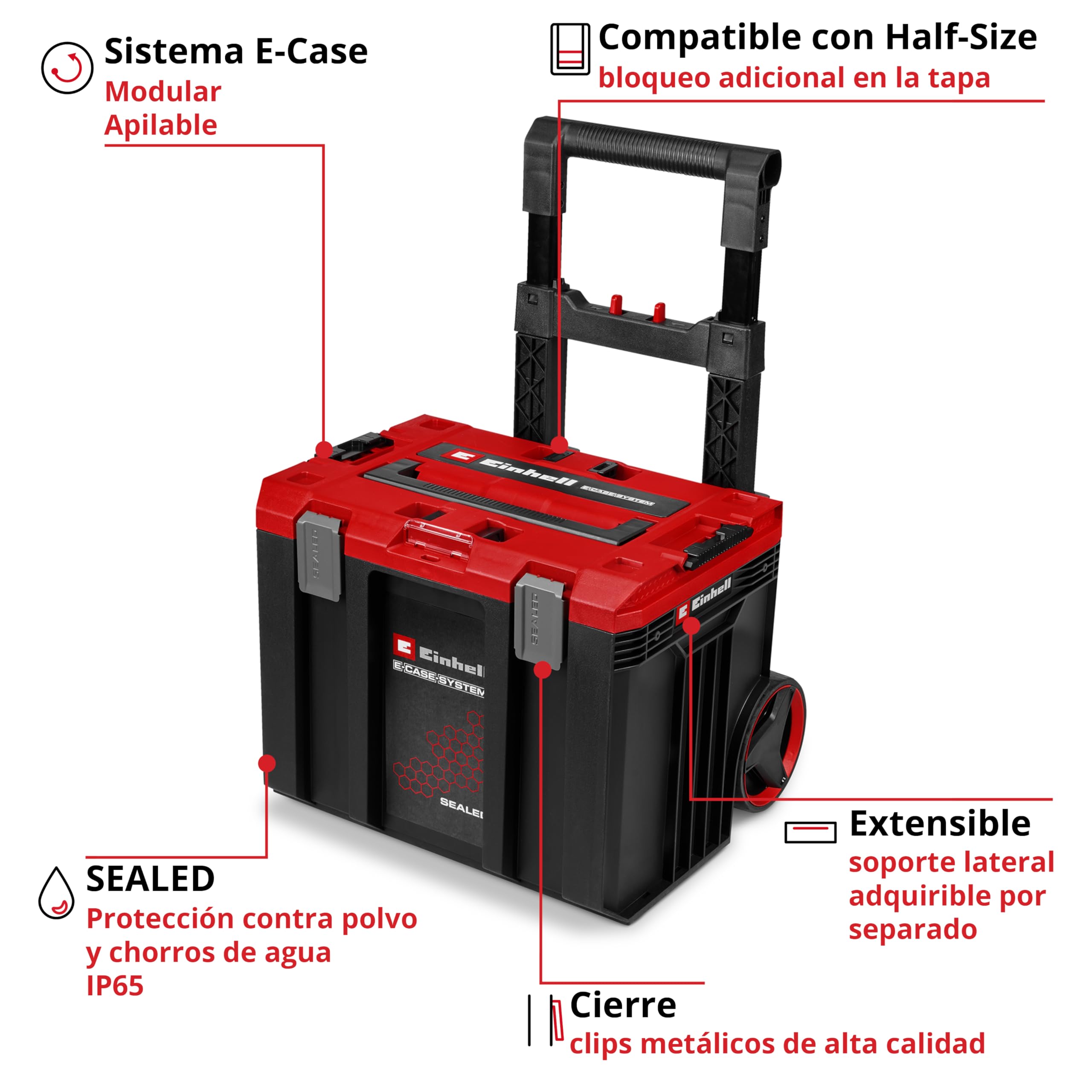 Original Einhell E-Case L SEALED (sistema E-Case, máx. 120 kg, a prueba de polvo + a prueba de chorros de agua, asa de trolley, compatible con E-Case Half Size, extensible, 44 x 40 x 36 cm)