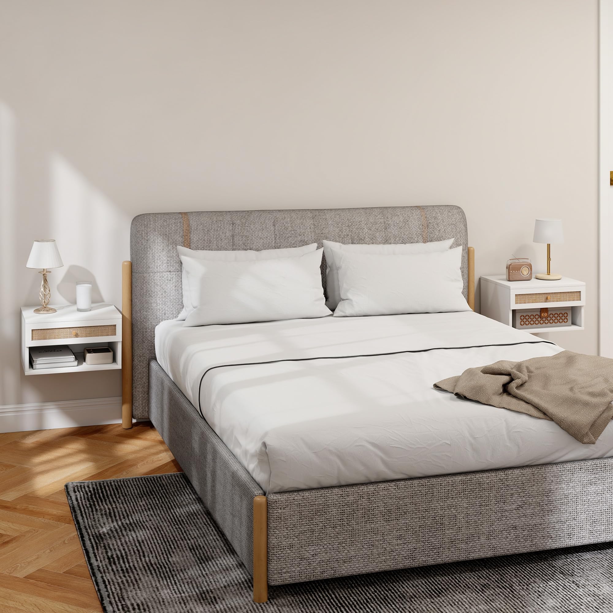 HOMCOM Set di 2 Comodini da Parete in Legno 40x34x23 cm | Comodino sospeso, cassetto scorrevole, ripiano, frontale in rattan intrecciato