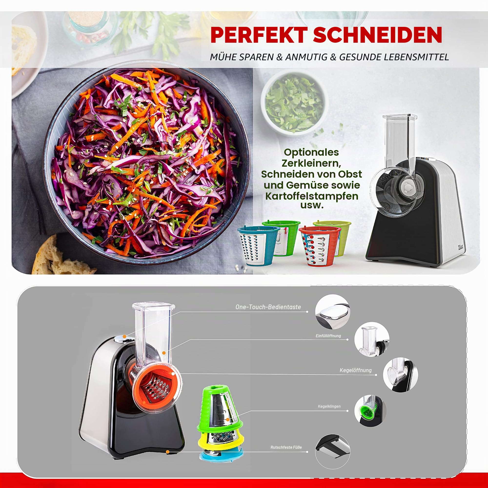 Zilan Gemüseschneider, elektrisch, 4 in 1, Raspeln, Schaben, Mandoline, Gemüse, Obst, 200 W