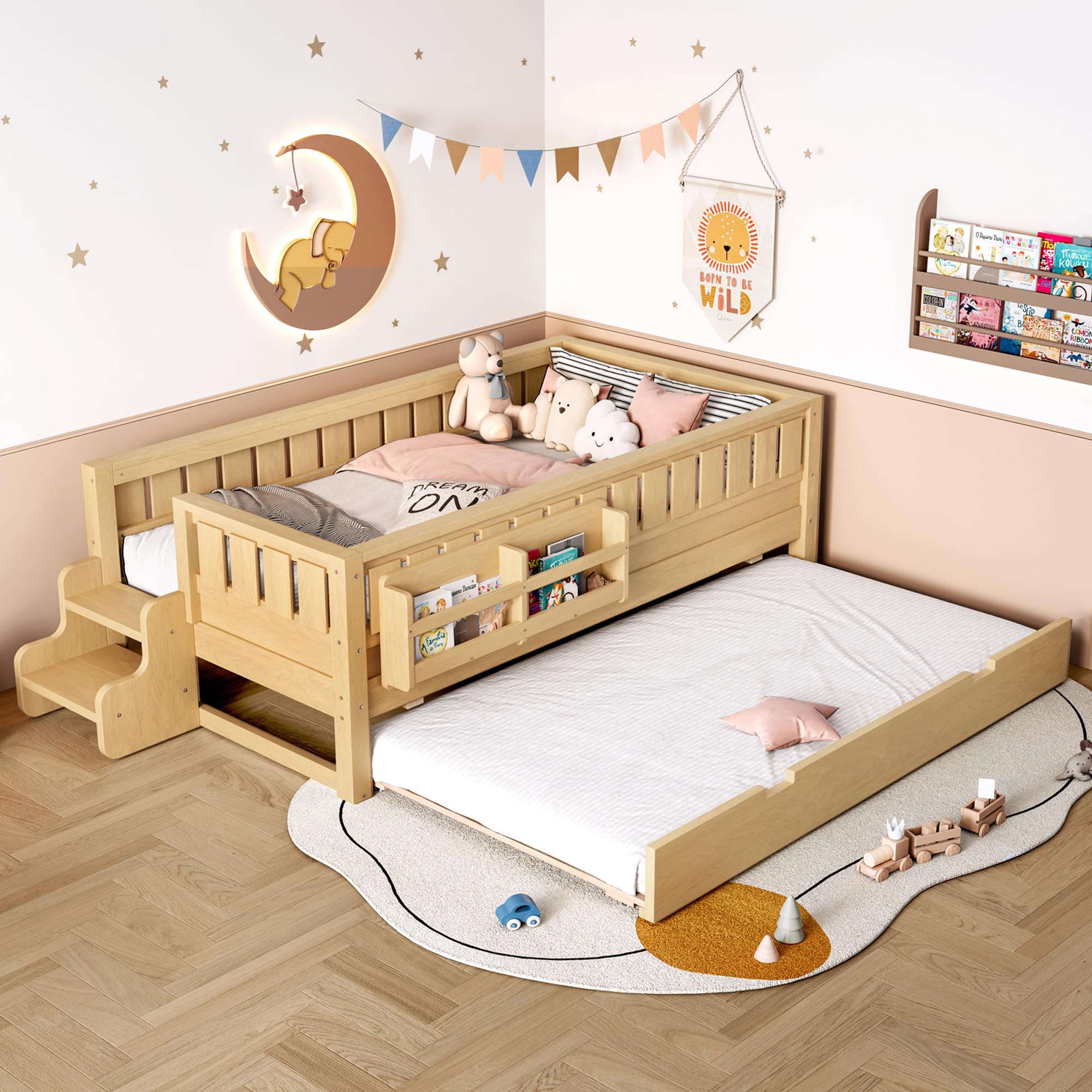 タニータニーエマ＆ゴールドベイビーセット Amazon.com: Bellemave Twin Bed with Trundle Twin and Stairs, Twin