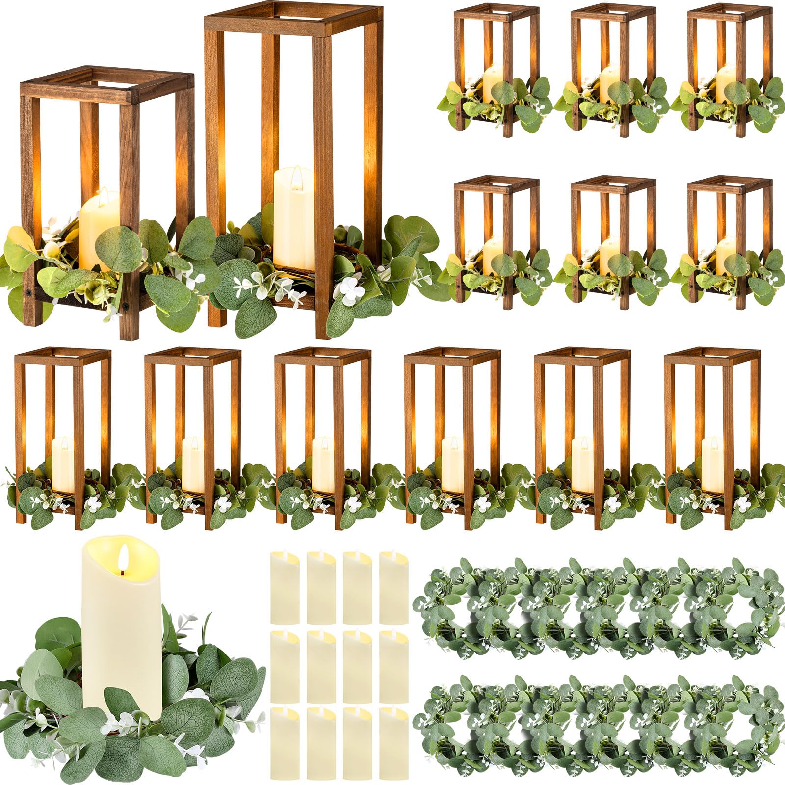 Photo 1 of Geelin 12 Set 10.59'', 13'' Brown Wooden Lanterns for Wedding Centerpieces Include 12 Wooden Lantern 12 LED Candle 12 Eucalyptus Leaves Wreath for Wedding Baby Shower Farmhouse Table Decor