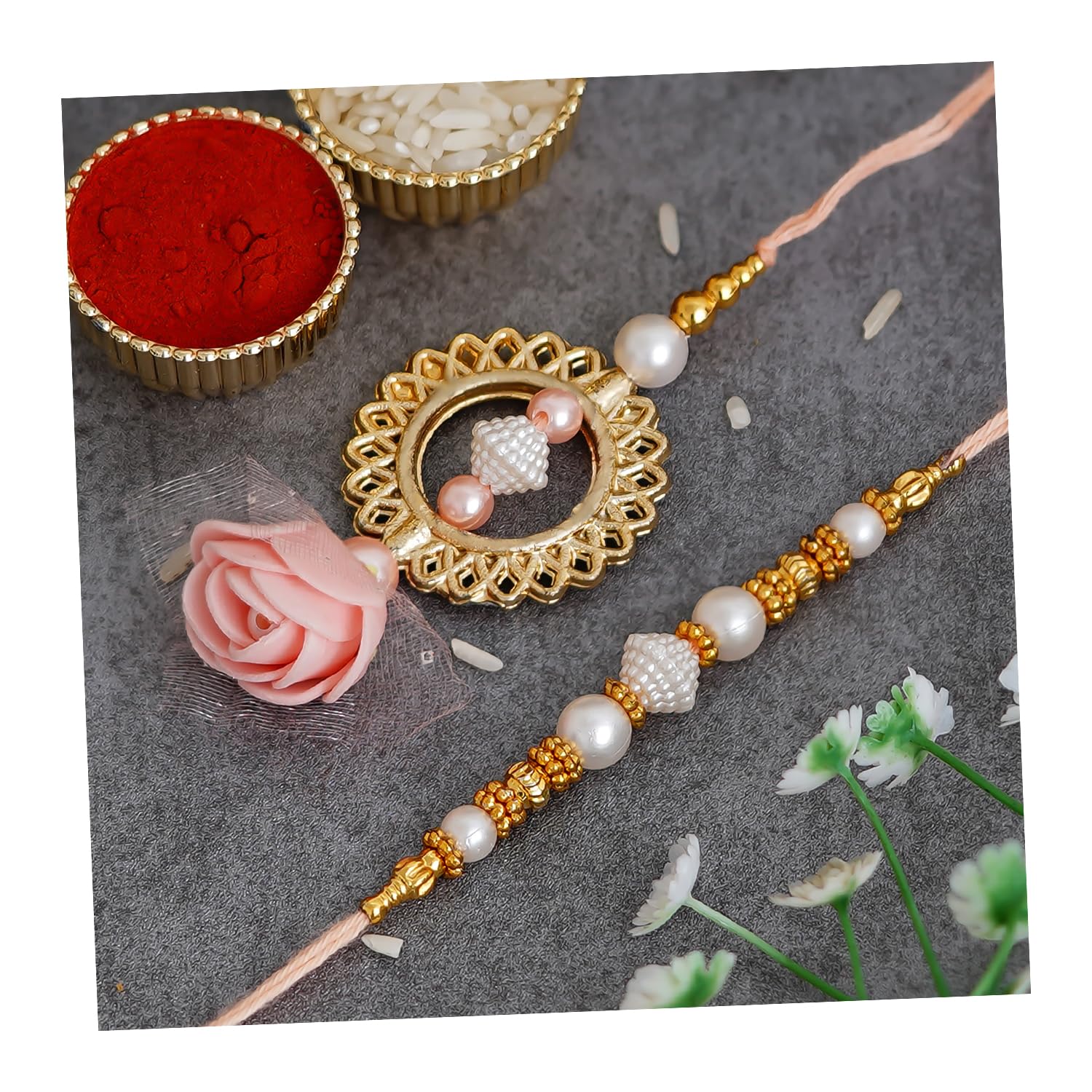 eCraftIndia Golden, Peach & White Designer Bhaiya Bhabhi Rakhi Set with Roli Chawal Pack - Rakhi for Brother, Bhaiya, Bhai - Lumba Rakhi for Bhabhi, Sister (B0B5PCHPWG) Amazon Price History, Amazon Price Tracker
