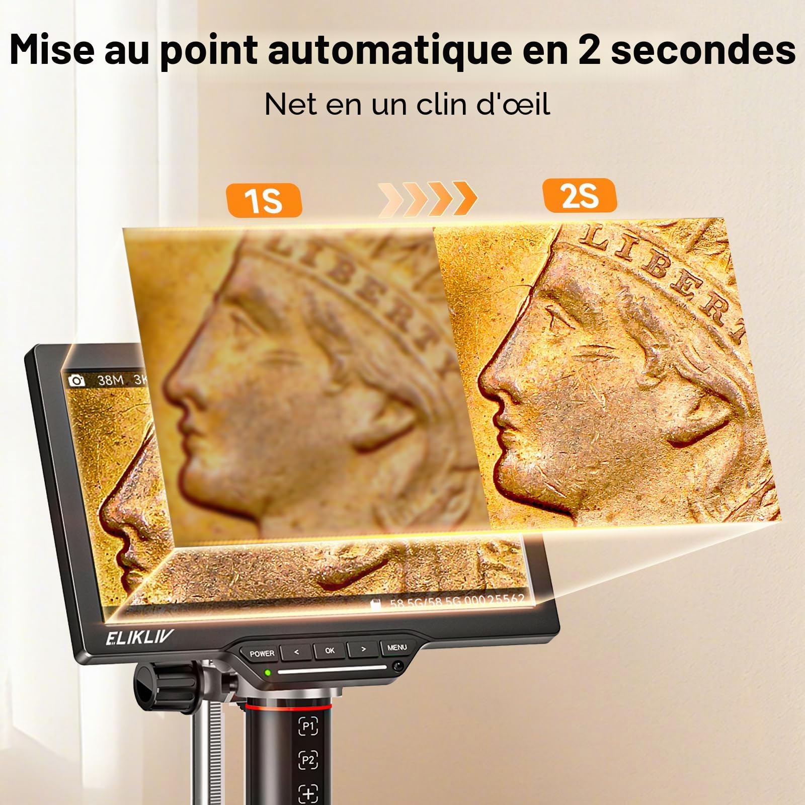 Elikliv Microscope Numérique 3K Autofocus EM3K-AF Max, Microscope à Pièces de Monnaie de 10.1", HDMI 38MP, Loupe Professionnel 2000X pour Pièces et Soudure, LCD pour Adultes, 64G