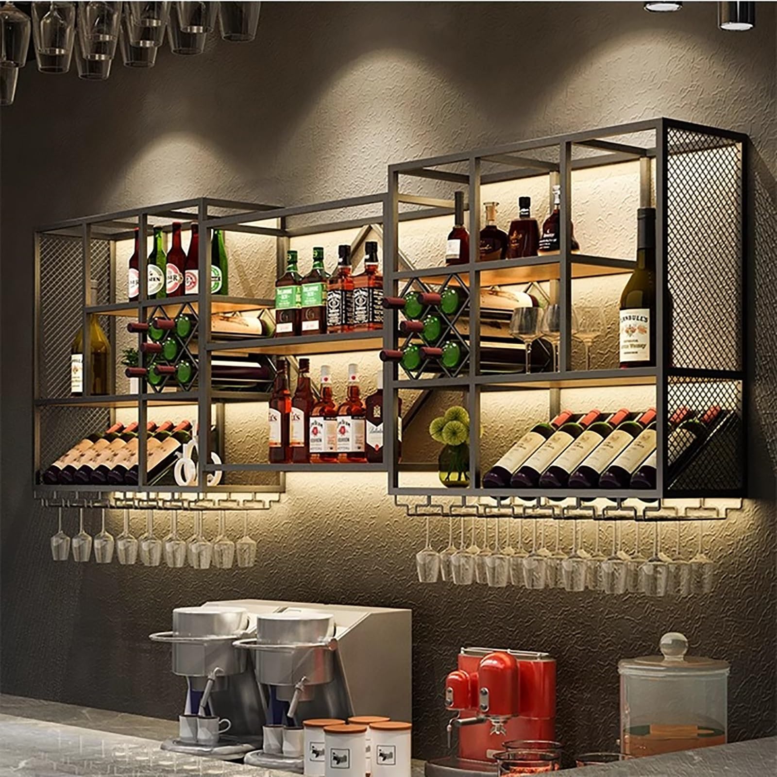 Botellero Pared para Botellas, Soporte para Botellas De MetalCon Luz LED, Estante De Vino Montado En La Pared para Botellas, Enfriador De Vino Montado En La Pared(Black,240 * 25 * 120CM)