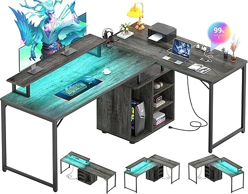 Cyclysio Escritorio para juegos en forma de L con gabinete de madera, escritorio esquinero grande de 58 pulgadas con luces LED y toma de corriente,