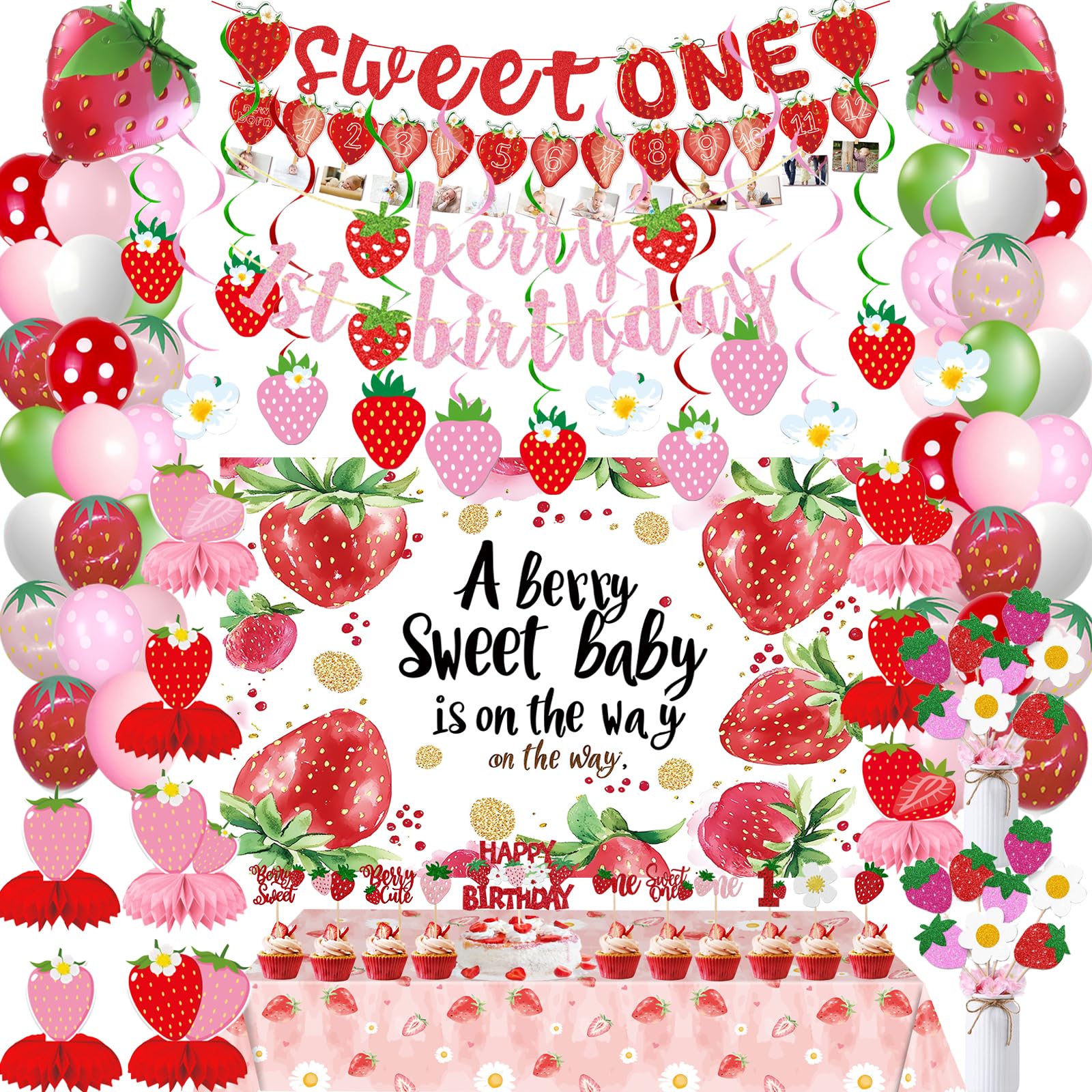 Berry First Birthday Decor Strawberry 1st Party Decorations with Berry 1st Birthday Banner, Strawberry Sweet One Photo Banner, Backdrop, Cake Topper