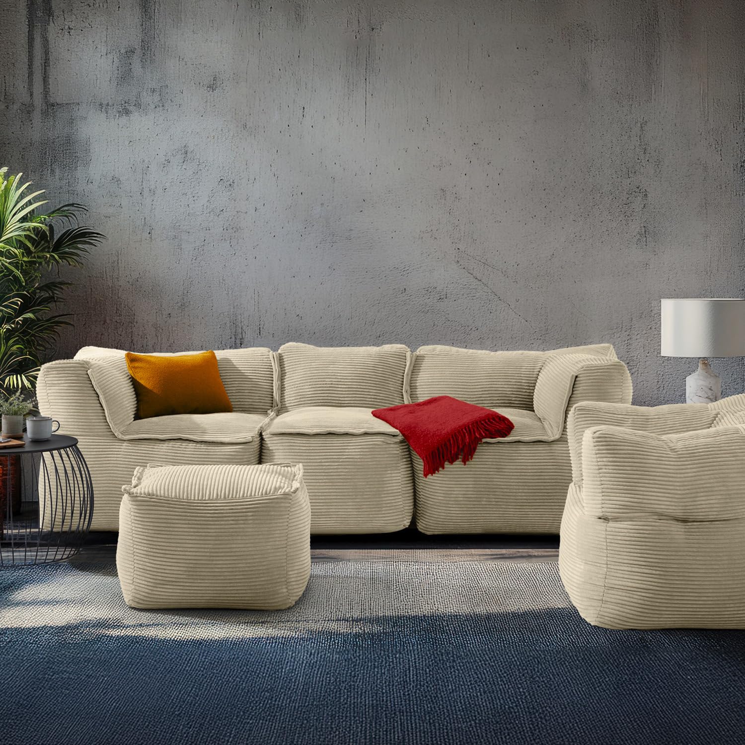 LUMALAND Ensemble modulaire basique en velours côtelé - Canapé avec fauteuil et pouf - 5 sacs d'intérieur avec rembourrage - Canapé modulaire avec perles EPS - Coussin d'assise XXL pour salon, chambre