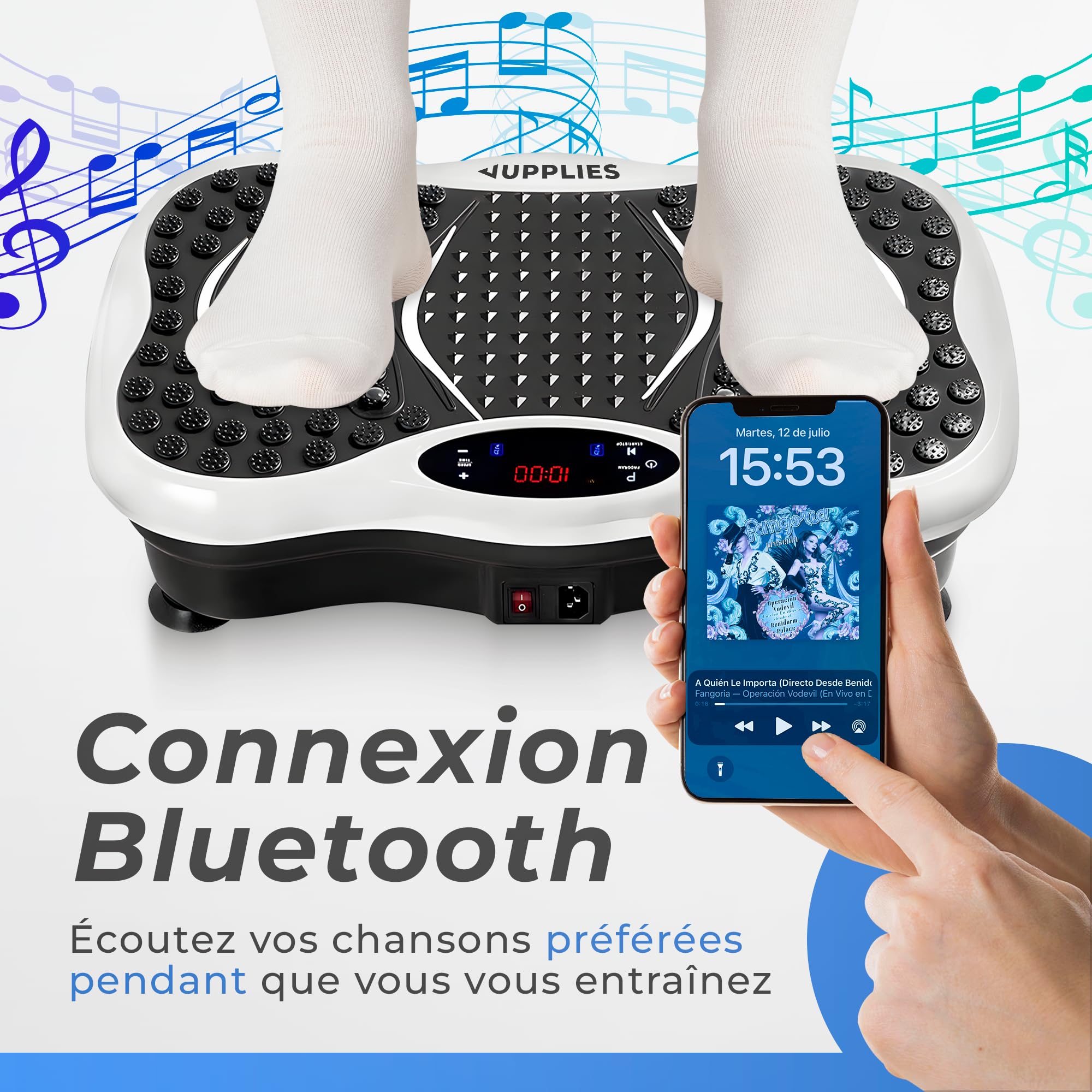 JUPPLIES Plateforme Vibrante Fitness 5 Modes 99 Vitesses Bluetooth Télécommande Silencieuse Stable