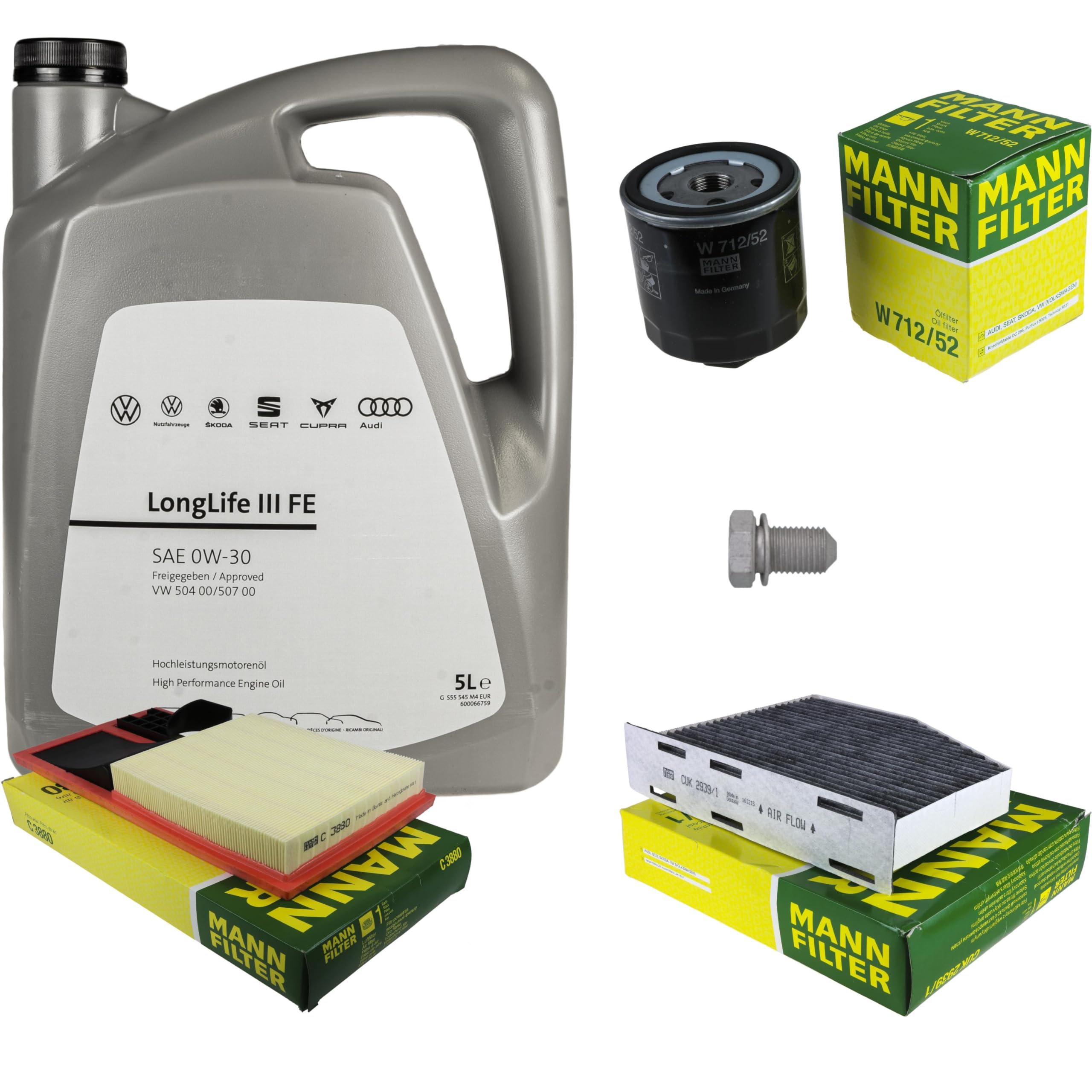 Pacchetto di ispezione pacchetto di manutenzione filtro con 5 l 0W-30 olio motore LongLife 3 FE, filtro dell'olio, filtro dell'aria abitacolo (carbone attivo) vite di scarico dell'olio