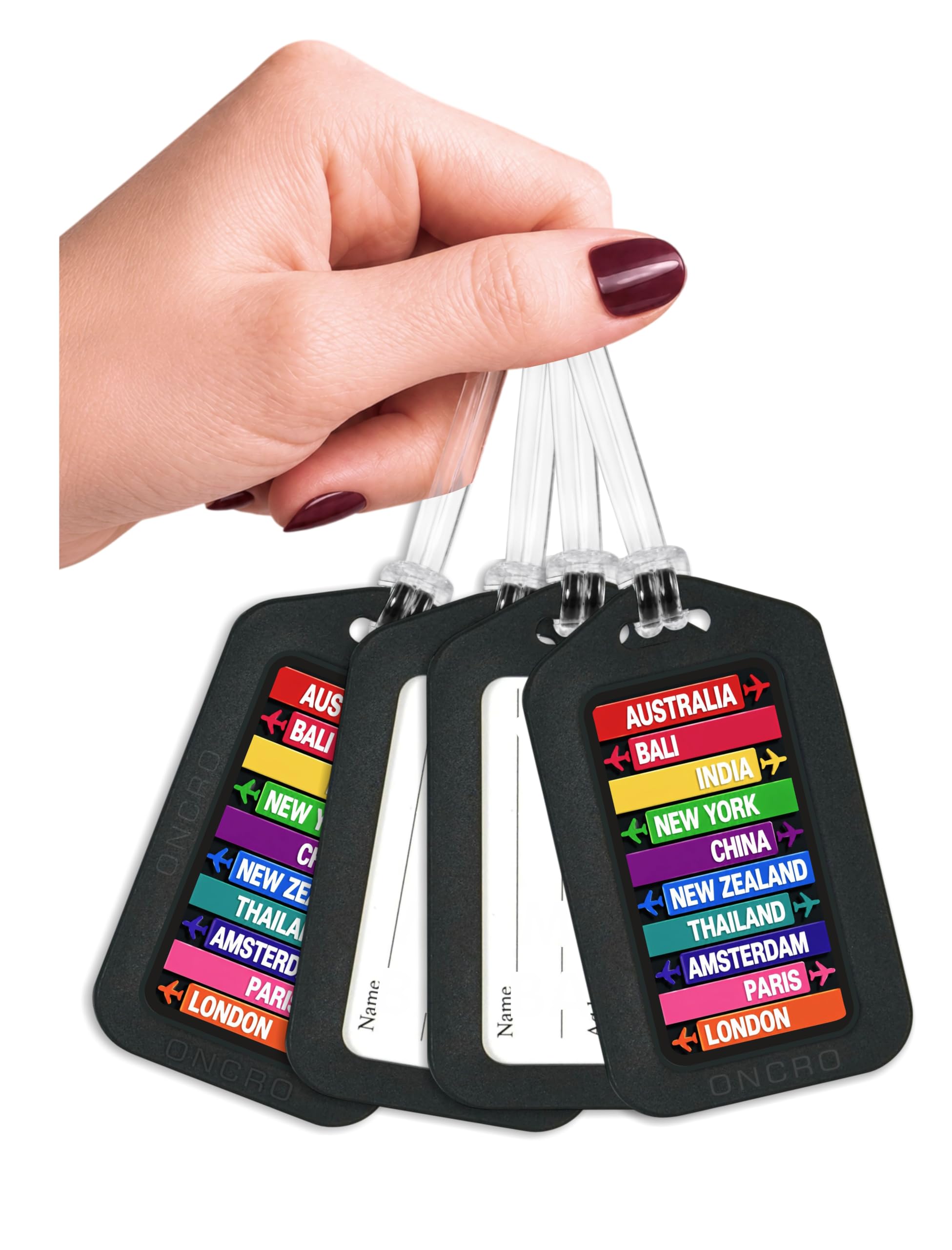 ONCRO® Country Destinations 4 pc Airplane Smart Travel Luggage Tag Silicone Strap Bag Identifier ID Suitcase Hard Label Name Address Card Reusable Strong Flexible Airline Backpack Carry Accessories-image-4