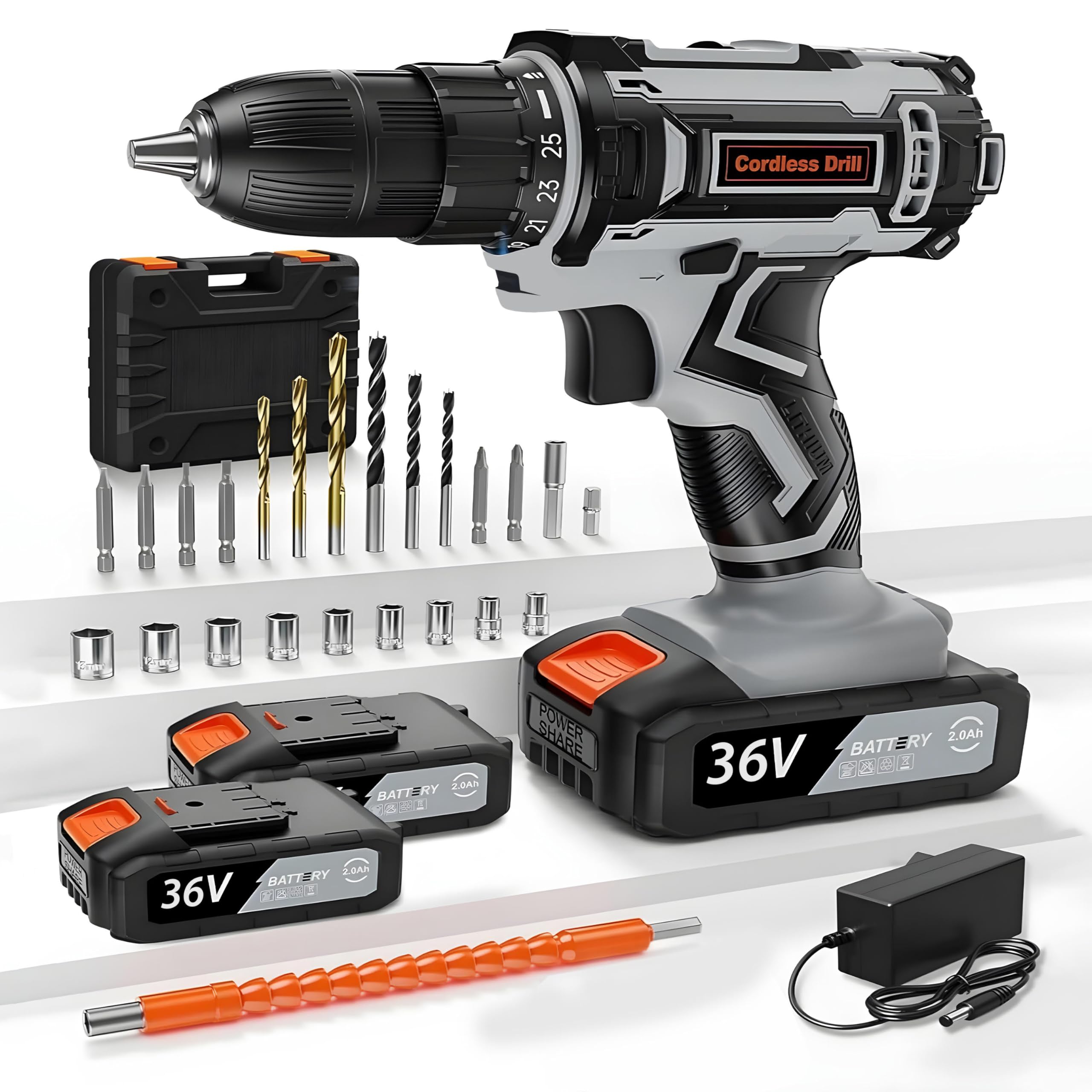 TRIVEXCordless Drill Driver Set, 36V Electric Drill with 2 Extra Batteries, Drill Machine with Drill Bits & Screwdriver Bits, 21+1 Torque Settings with 2 Speeds, Multifunctional Drill Set (Grey)