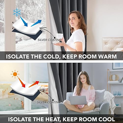 Miniatura 4 de Deconovo - Cortinas opacas con ojales térmicos y parte trasera plateada, 2 paneles, Poliéster & Mezcla de poliéster, Gris oscuro