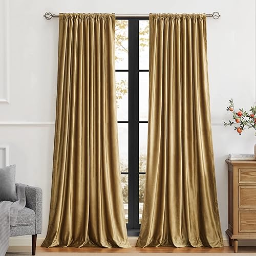 Miniatura 3 de PRIMROSE Cortinas de terciopelo dorado de 120 pulgadas de largo para sala de estar, juego de 2 paneles opacos, bolsillo para barra, pestaña trasera,