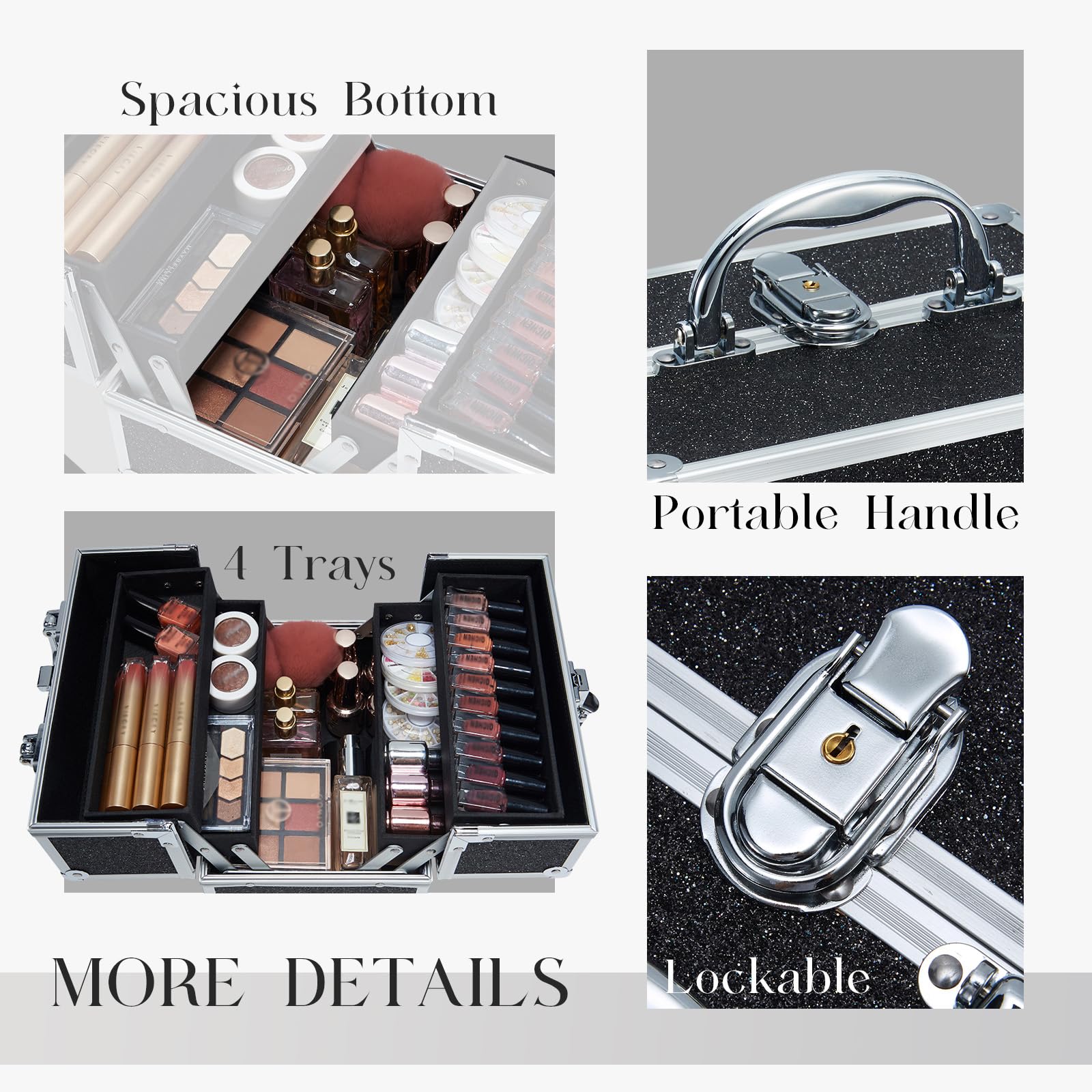 Valigetta Trucco Valigetta Cosmetici Vuota Beauty Case con serratura Valigetta Manicure Portagioielli Trousse Trucchi, Nero