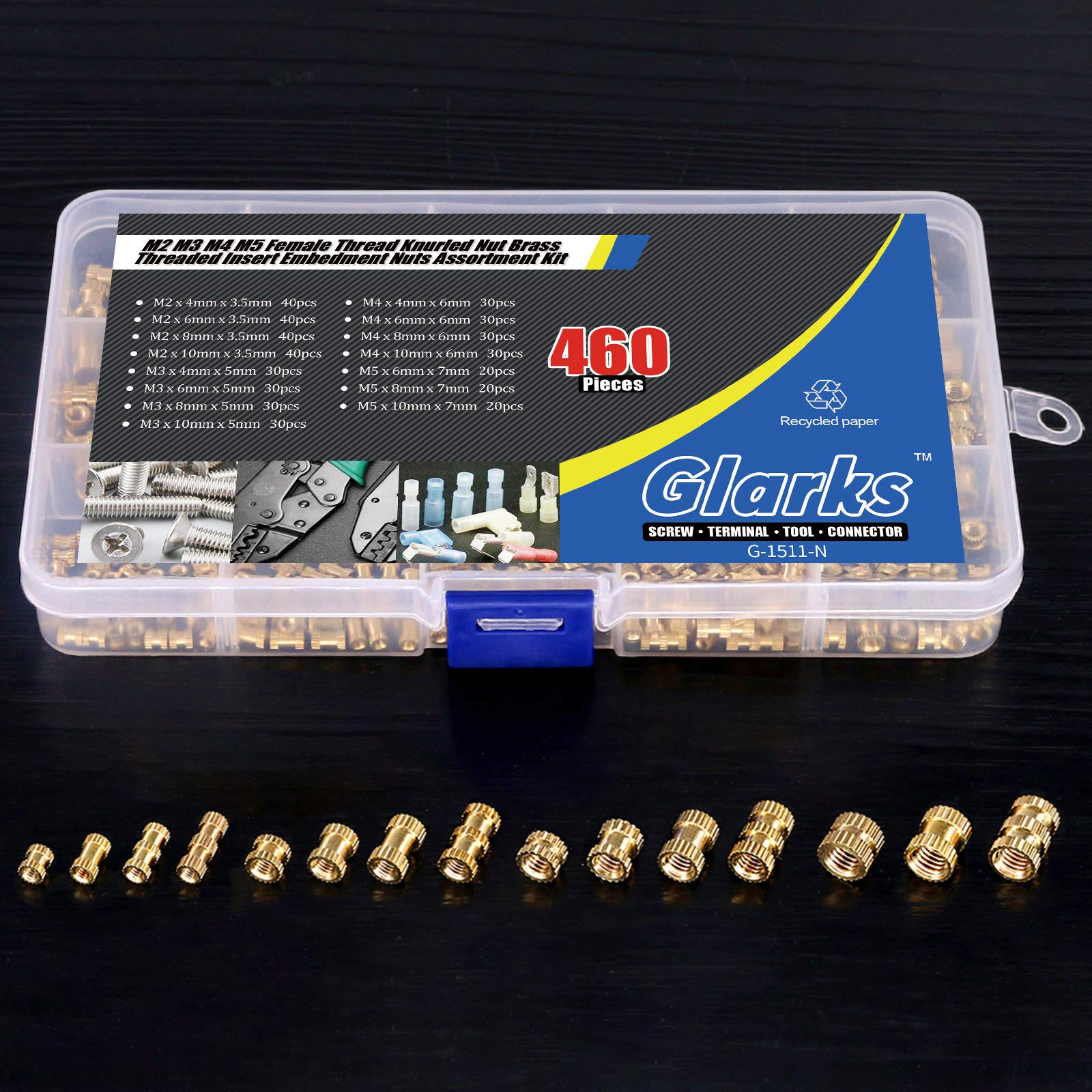 Glarks 460 piezas M2 M3 M4 M5 insertos roscados de latón moleteado con rosca interior tuerca de inserción empotrada kit surtido para proyectos de impresión 3D