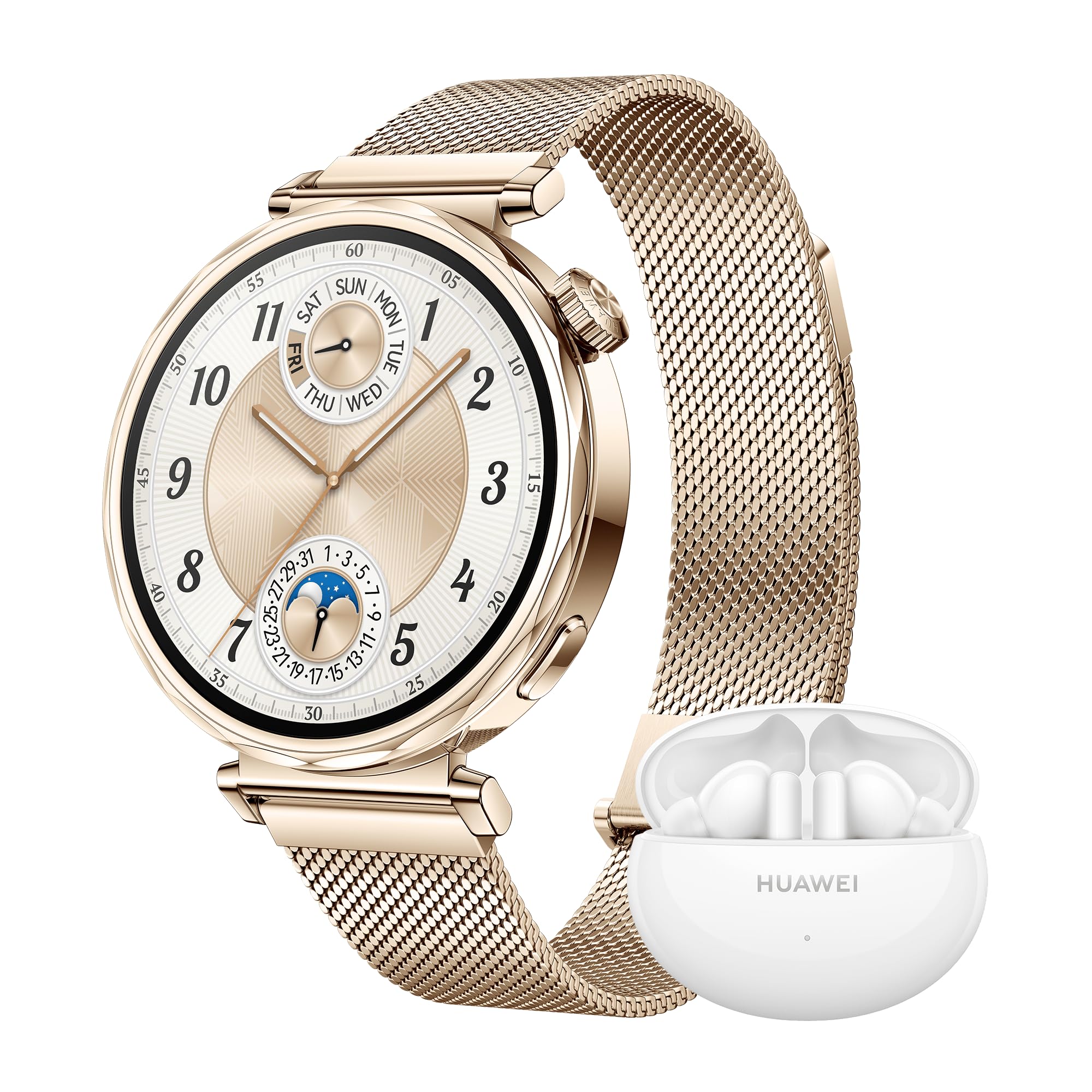 HUAWEI WATCH GT 5 41mm Smartwatch,Design elegante, Nuova modalità corsa e ciclismo, Monitoraggio della salute, 7 giorni1 di durata della batteria, iOS e Android, Dorata + FreeBuds 5i Bianca