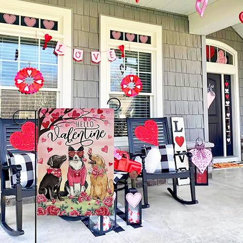 Miniatura 7 de Hzppyz Bandera de jardín con texto en inglés «Hello Valentine's Day Golden Retriever Dog Garden Flag» de doble cara, rosa, rojo, árbol del amor,