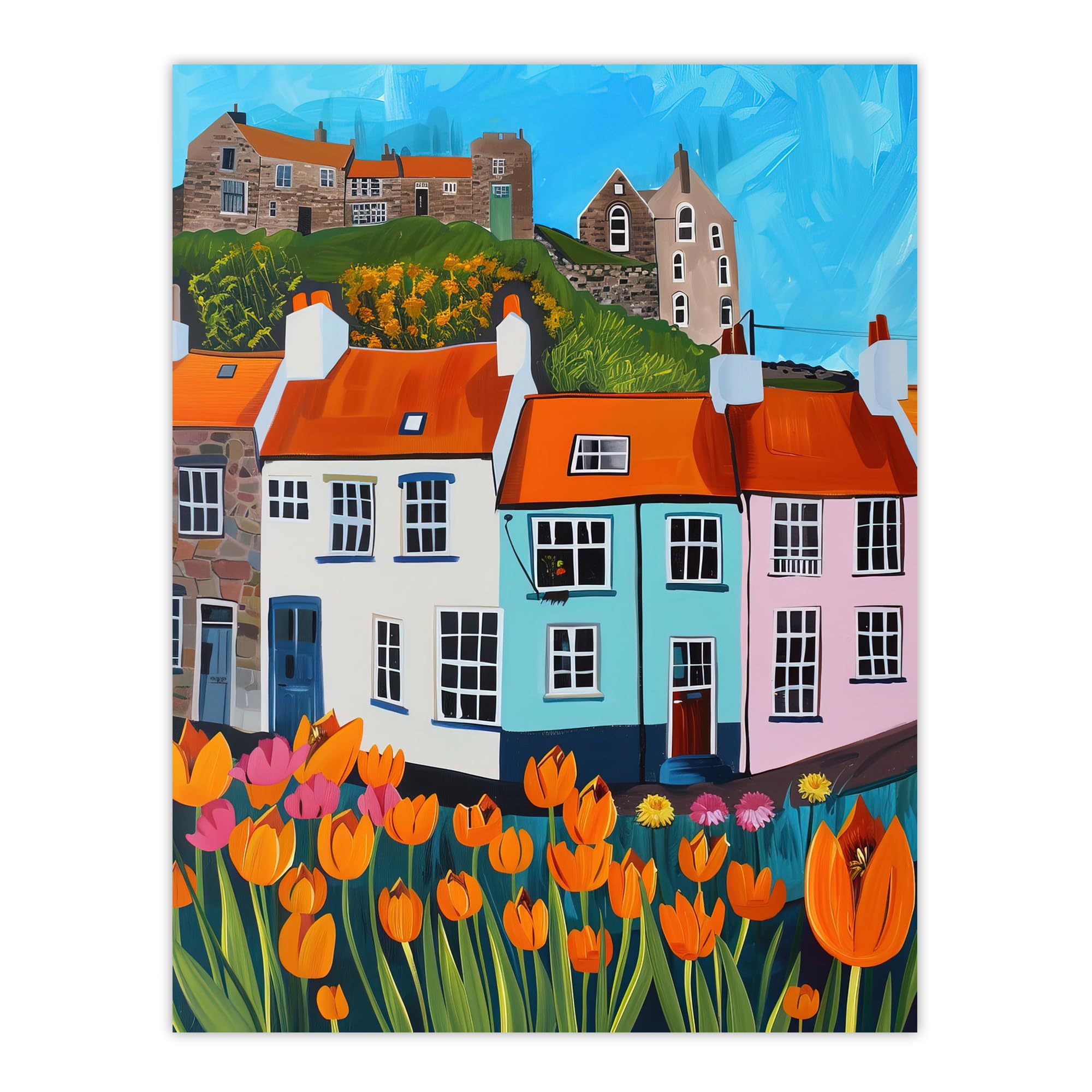 Artery8 Summer Day in English Town Tulips Colourful Living Room Extra Large XL Wall Art Poster Print