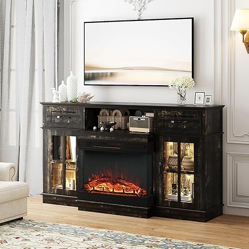 VINGLI Fireplace TV Stand up to 65'' TVs, 3-Sided Glass Entertainment Center with Electric Fireplace Heater & Glass Doors and Drawers, Media Console Table with LED, Living Room, Dark Rustic Oak