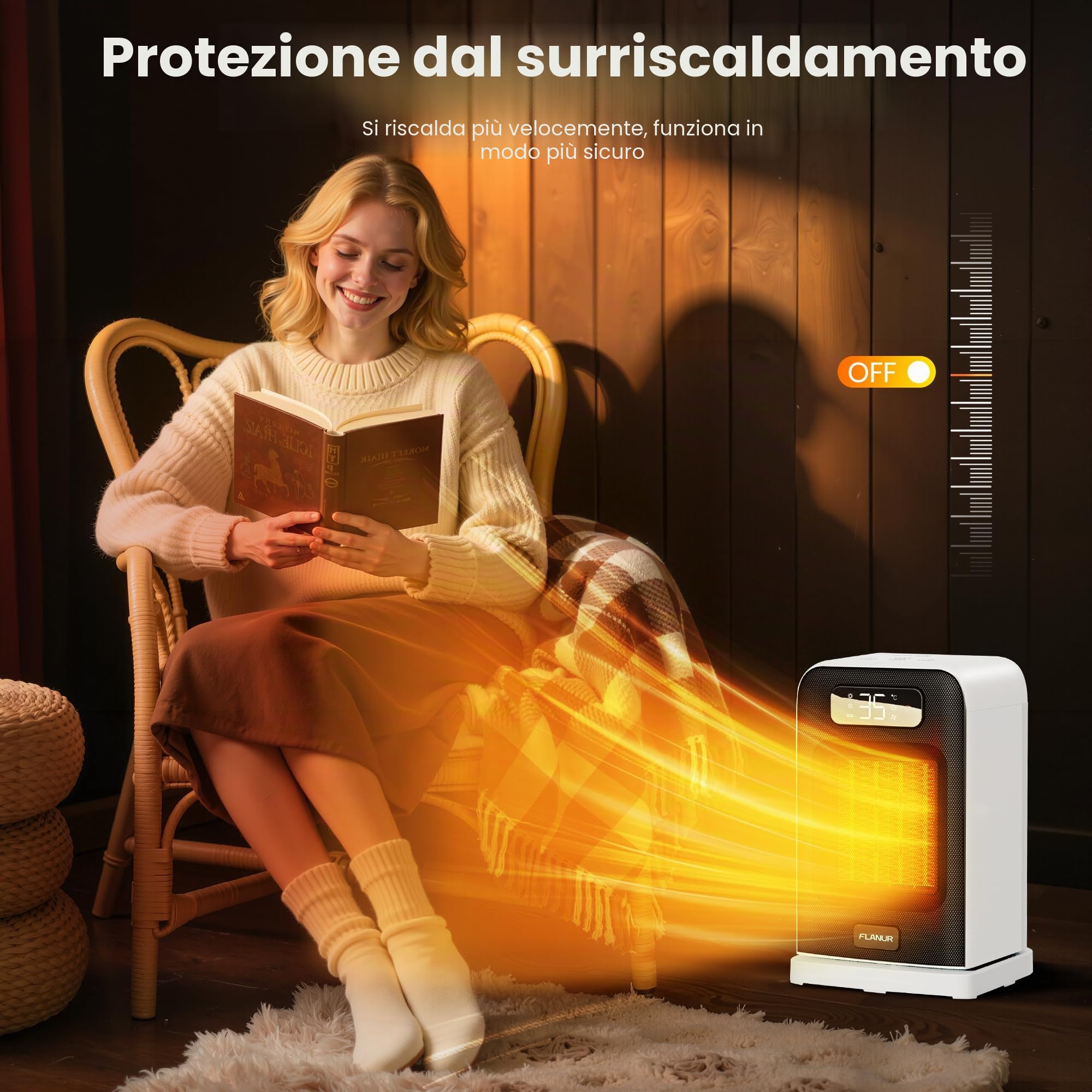 FLANUR Termoventilatore a risparmio energetico, 1500 W PTC, termoventilatore portatile con termostato e modalità ECO, termoventilatore 2 in 1, display digitale, timer da 12 ore, riscaldamento