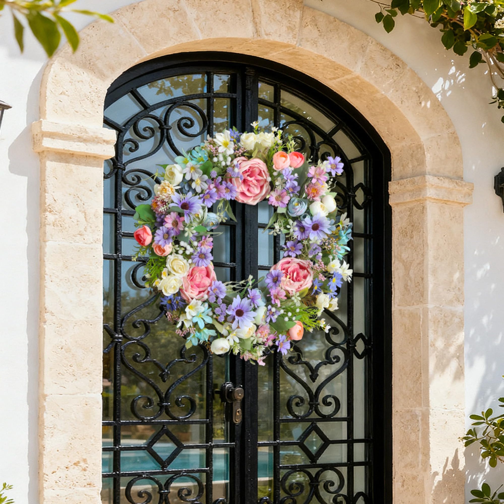 Frühlingskranz für die Haustür, 45 cm Rose Hortensie Künstliche Blumen Kranz, Künstlicher Kranz, Frühlings Sommer Türkranz für Freien Haustür Home Decor