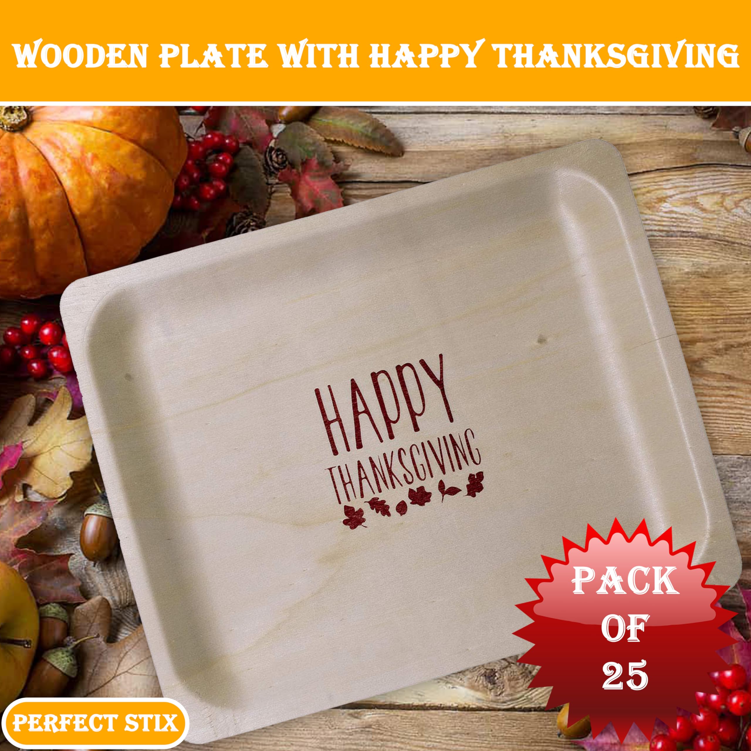 Perfect Stix Plato de madera desechable de 25,4 cm con impresión de Happy Thanksgiving – Paquete de 25 unidades