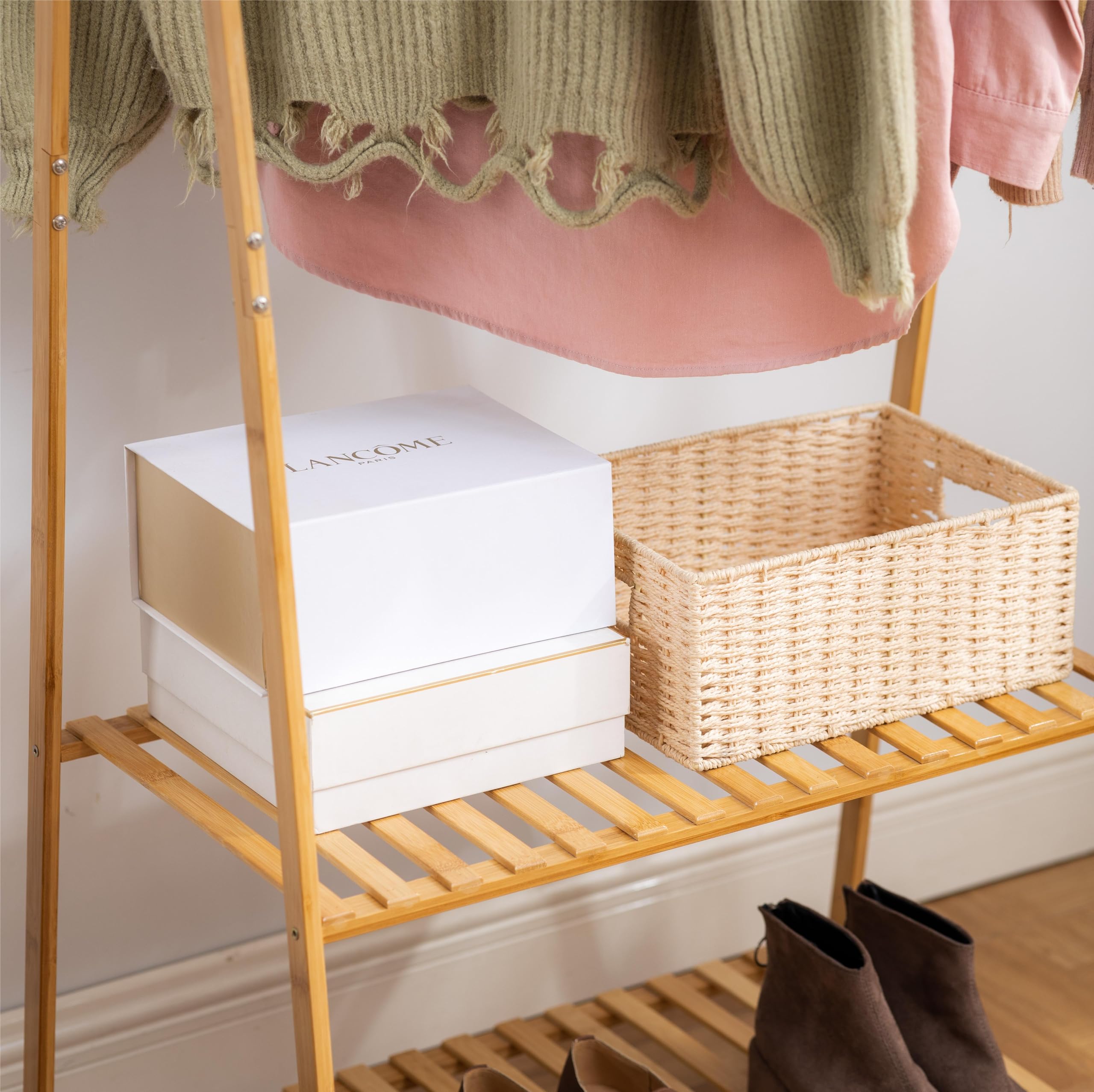 GLISOO Bamboo Garment Rack, 2-Tier,100% Bamboo Garment Rack with Top Hanging Rod and Bottom Storage Shelves, Indoor Plant Stand, Freestanding Clothes Hanging Rack, (Natural)