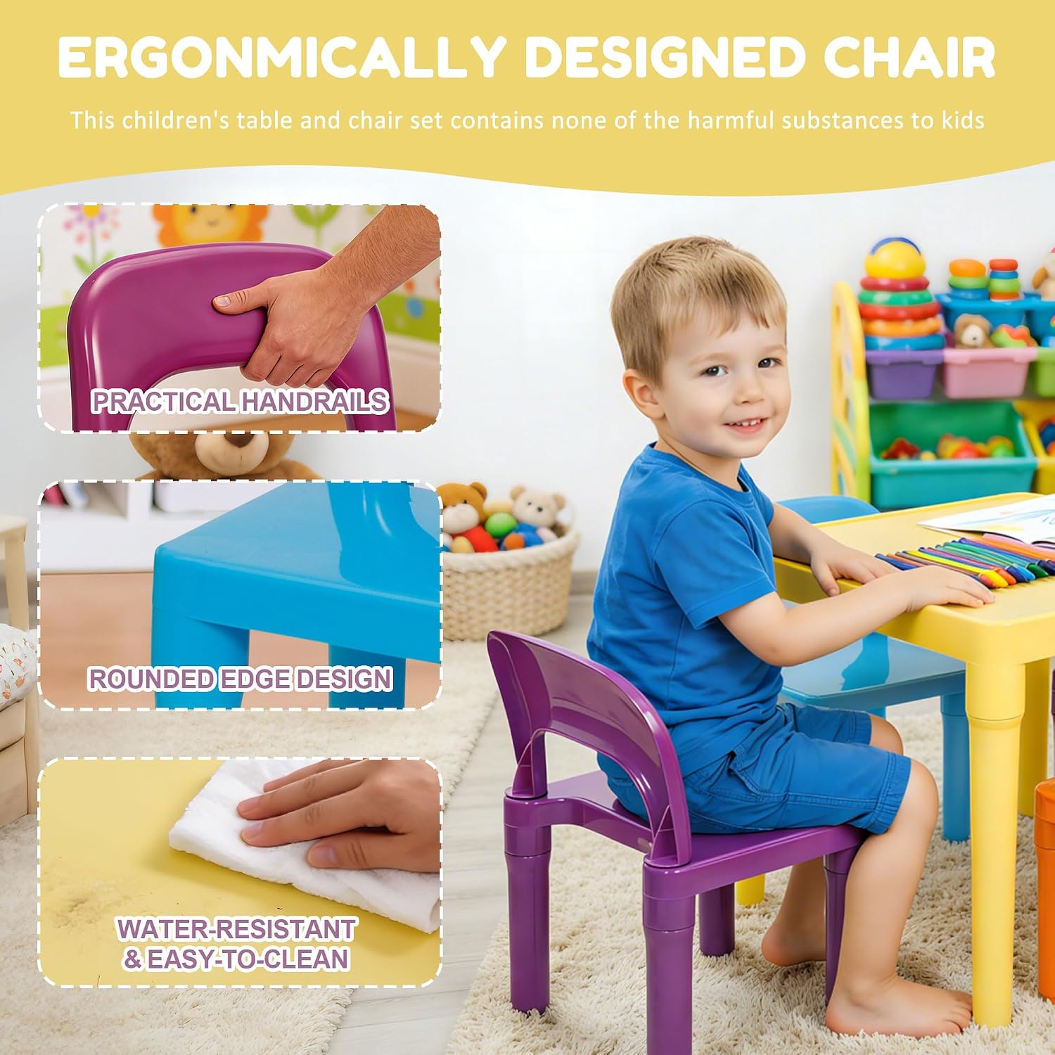 SUPER DEAL Kids Table and 4 Chair Set, Colorful Toddler Plastic Desk Activity Chair for Reading, Playing, Writing, Arts, Crafts and More