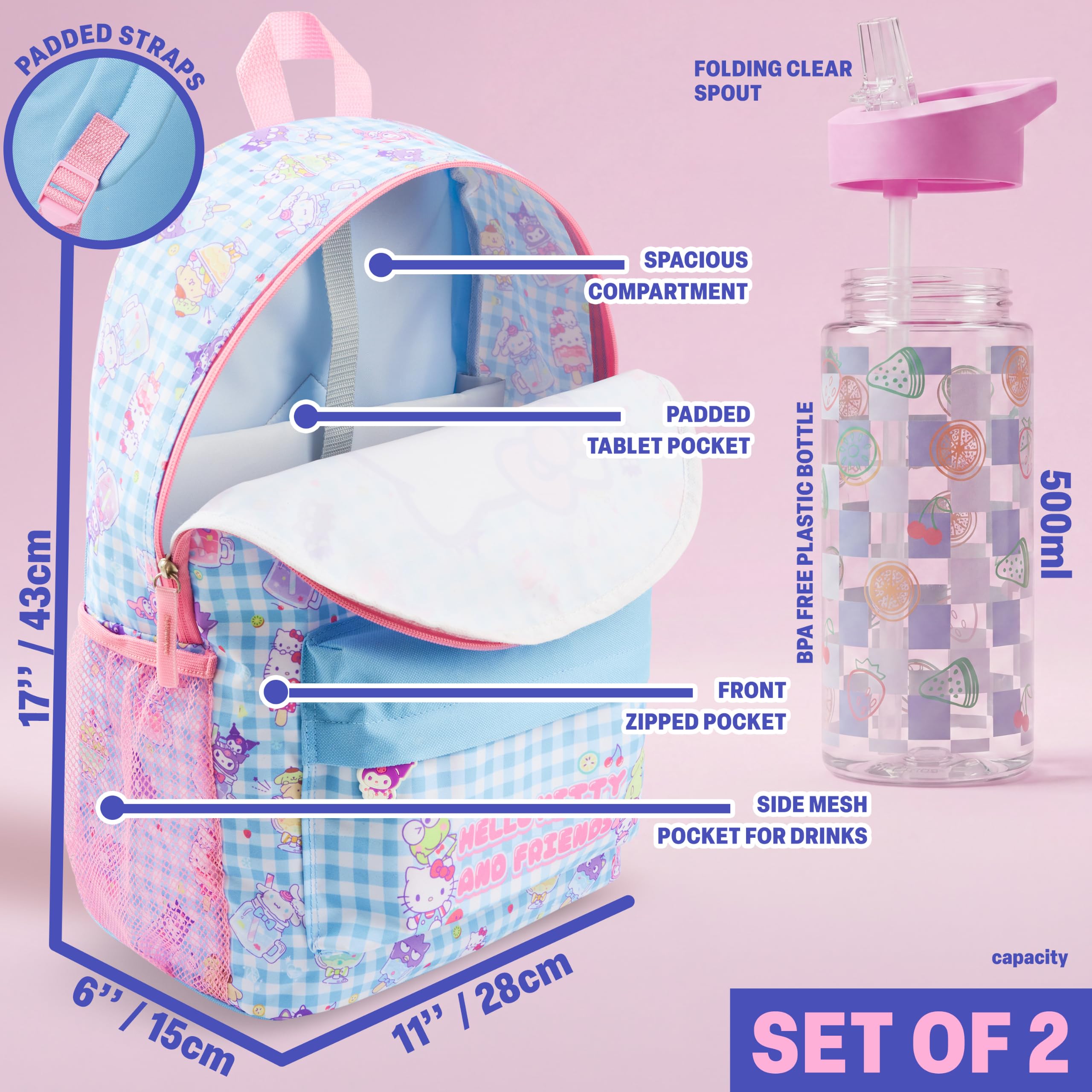 Get Trend Hello Kitty Zainetto Bambina Zip, Zaino Scuola Set con BPA Free Flip Top Borraccia con Cannuccia Idea Regalo Scuola (Multi Hello Kitty)