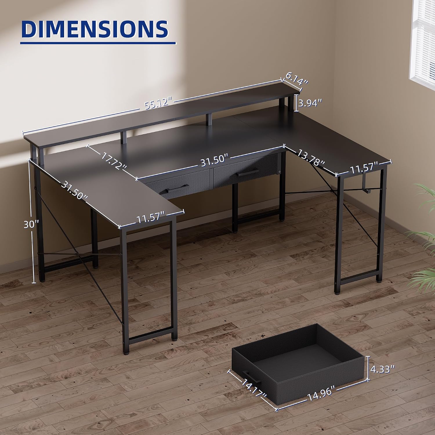 Pamray 55 Inch Gaming Desk with Drawers U Shaped Large Computer Desk