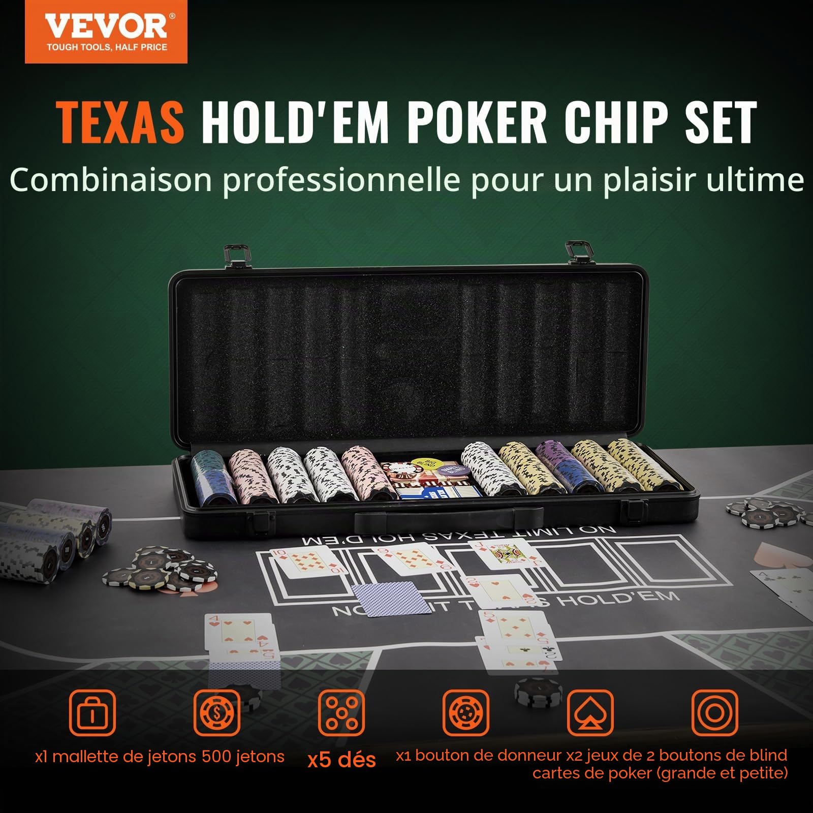 VEVOR Mallette de Poker 500 Jetons de Poker en Argile et ABS 14 g 40x3,3 mm avec 2 Jeux de Cartes Texas Hold'em 1 Bouton de Croupier et 2 Boutons Blind pour Blackjack Jeux de Hasard Casino à Domicile