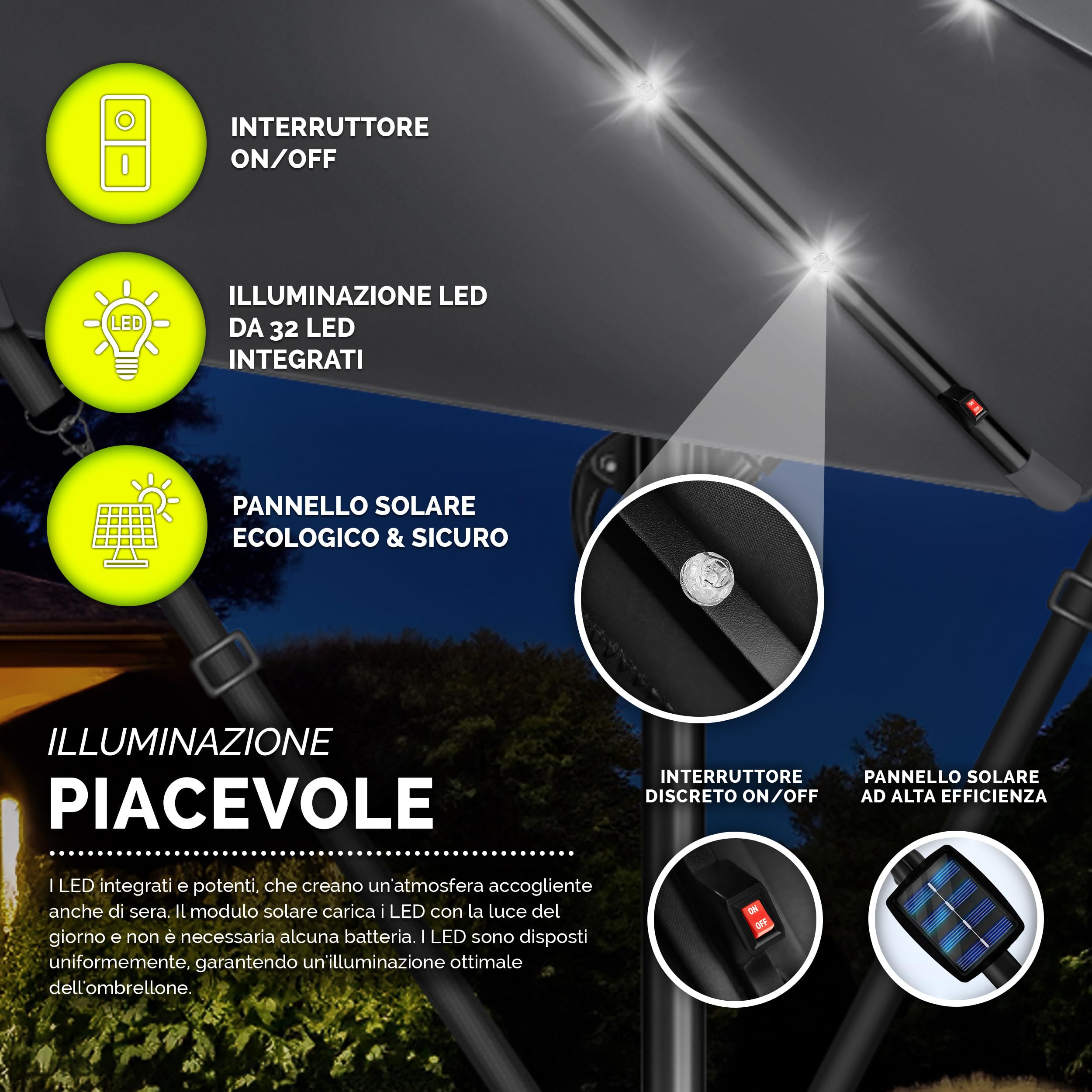 Tillvex Ombrellone Giardino LED Solar Ø300 cm Manovella Base | Interruttore UV-Proof Alluminio Impermeabile