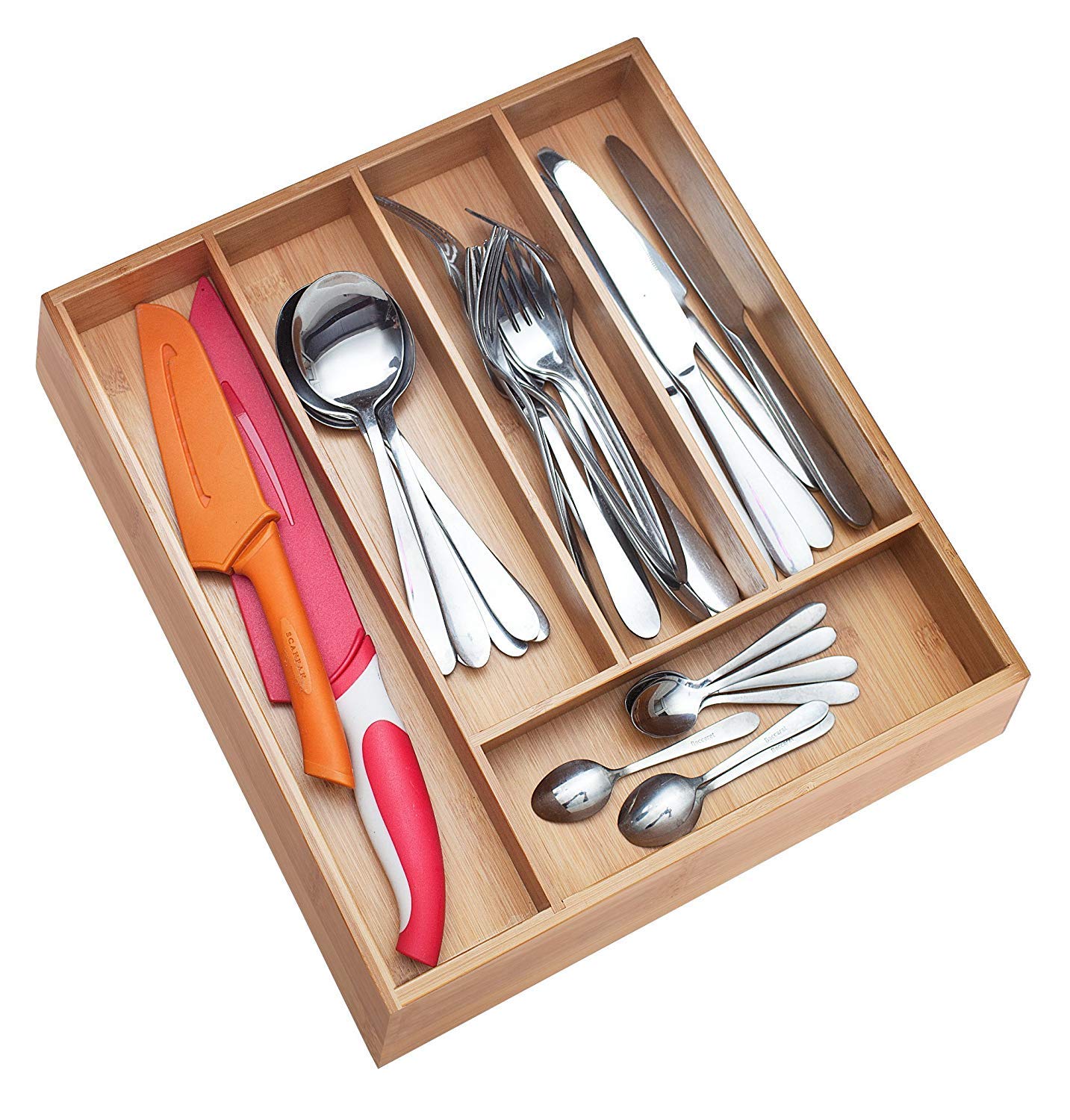Whitewhale Divisores de cajón bandeja de cubiertos expandible bandeja de cubiertos de madera ajustable organizador de cubiertos de cocina soporte de almacenamiento para cuchillos, tenedores,