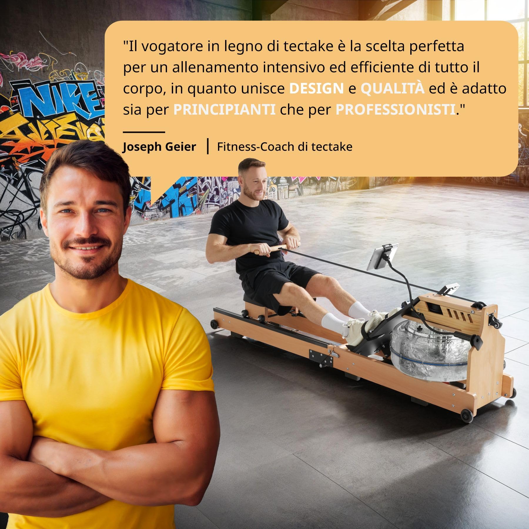tectake® Vogatore in Legno per Allenamento a Casa, Vogatore Salvaspazio per Palestra in Casa, Sedile Ergonomico, con Serbatoio d'Acqua, Display Integrato, Carico Massimo 150 kg - Nero/Marrone
