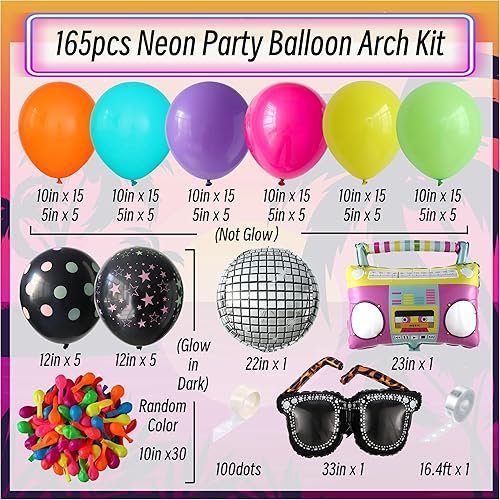 Miniatura 2 de Decoraciones de fiesta con temática musical de neón, 165 globos que brillan en la oscuridad con gafas de radio de bola de discoteca retro, globos de