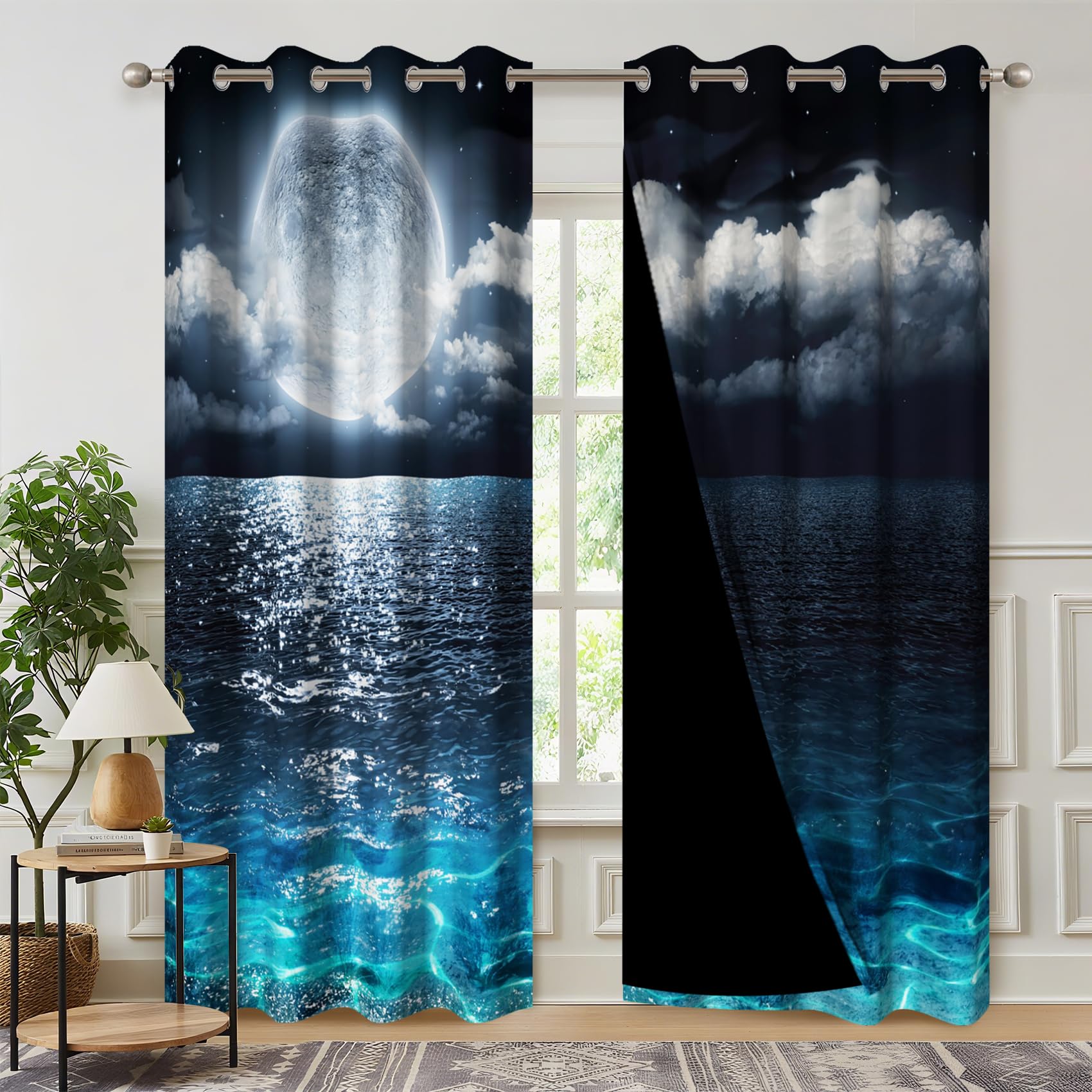 Kzzfqxb Full Moon Blackout Curtains 3D Print Starry Sky Window Drapes for Living Room Ocean Curtain Panel with Thermal Insulated Grommet,2 Panels,Each