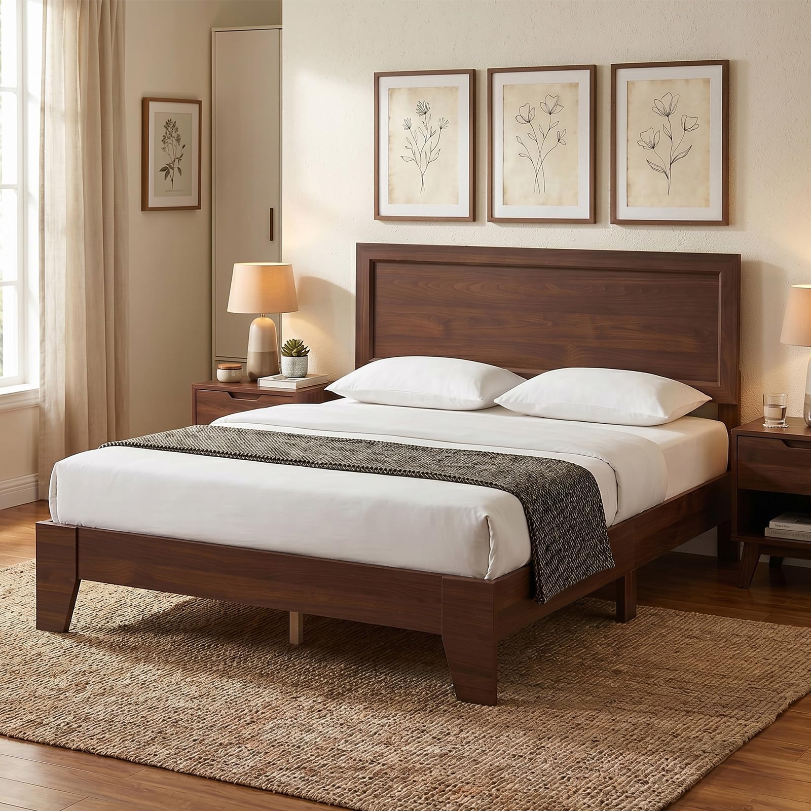 KOMFOTT Full Size Bed Frame, Mid-Century Modern Platform Bed with Headboard, Woo — product photo