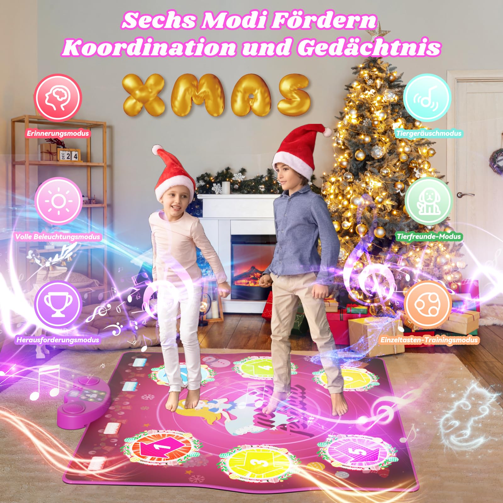 PLEGBLE Tanzmatte für Kinder ab 3 4 5 6 7 8 9 10 11 12 Jahre, Spielteppich Mädchen Spielzeug ab 3-12 Jahre, Geschenke Weihnachten, Type-C Anschluss für Stabile Stromversorgung, Bluetooth Musik, 6 Modi