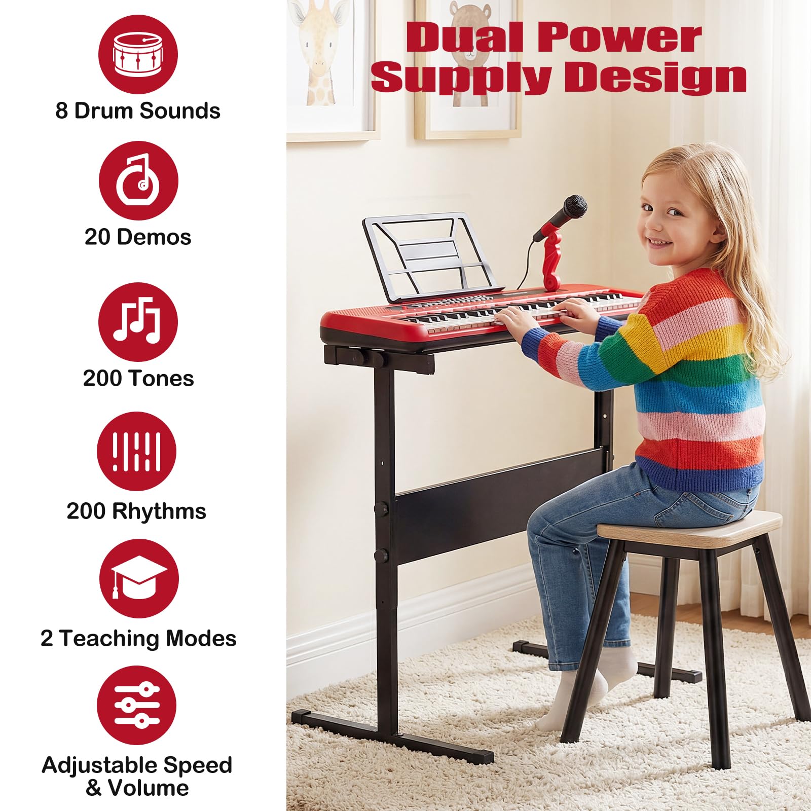 KOMFOTTEU Tastiera Elettronica per Bambini di 3 Anni+, con Microfono e Leggio, Pianoforte Digitale a 61 Tasti con Supporto Regolabile, Pianoforte Elettronico, 200 Tonalità & Ritmi, 20 Demo (Rosso)