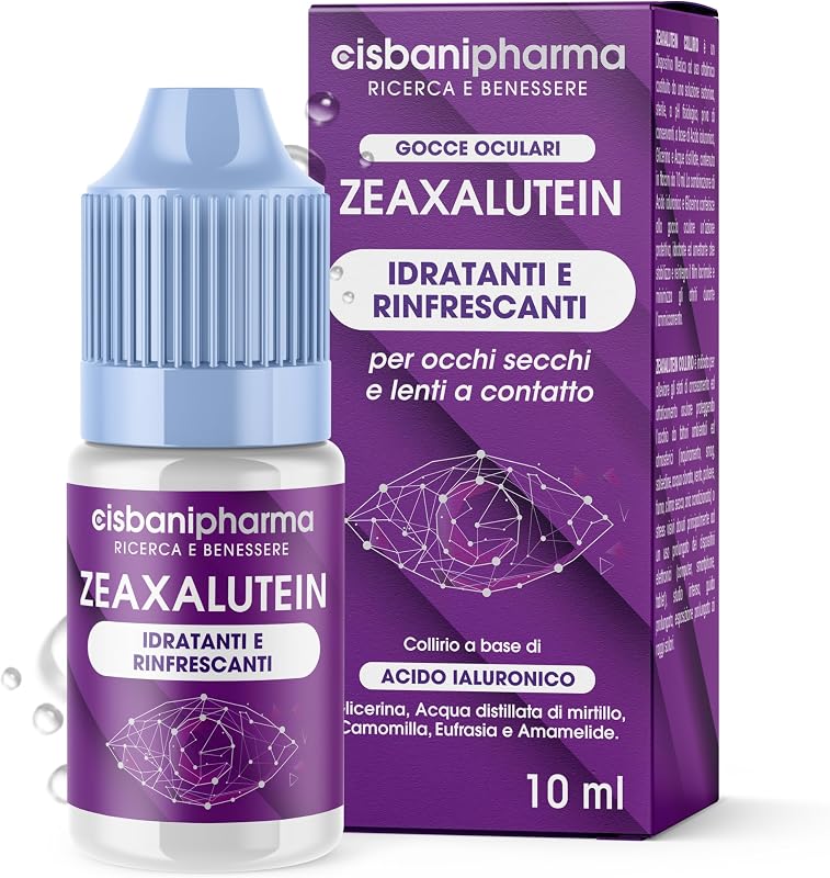 CISBANI PHARMA Collirio Idratante per Occhi Secchi 10 ml, a base di Acido ialuronico, Gocce oculari Anti Rossore in Soluzione Salina con Camomilla e Mirtillo - Zeaxalutein