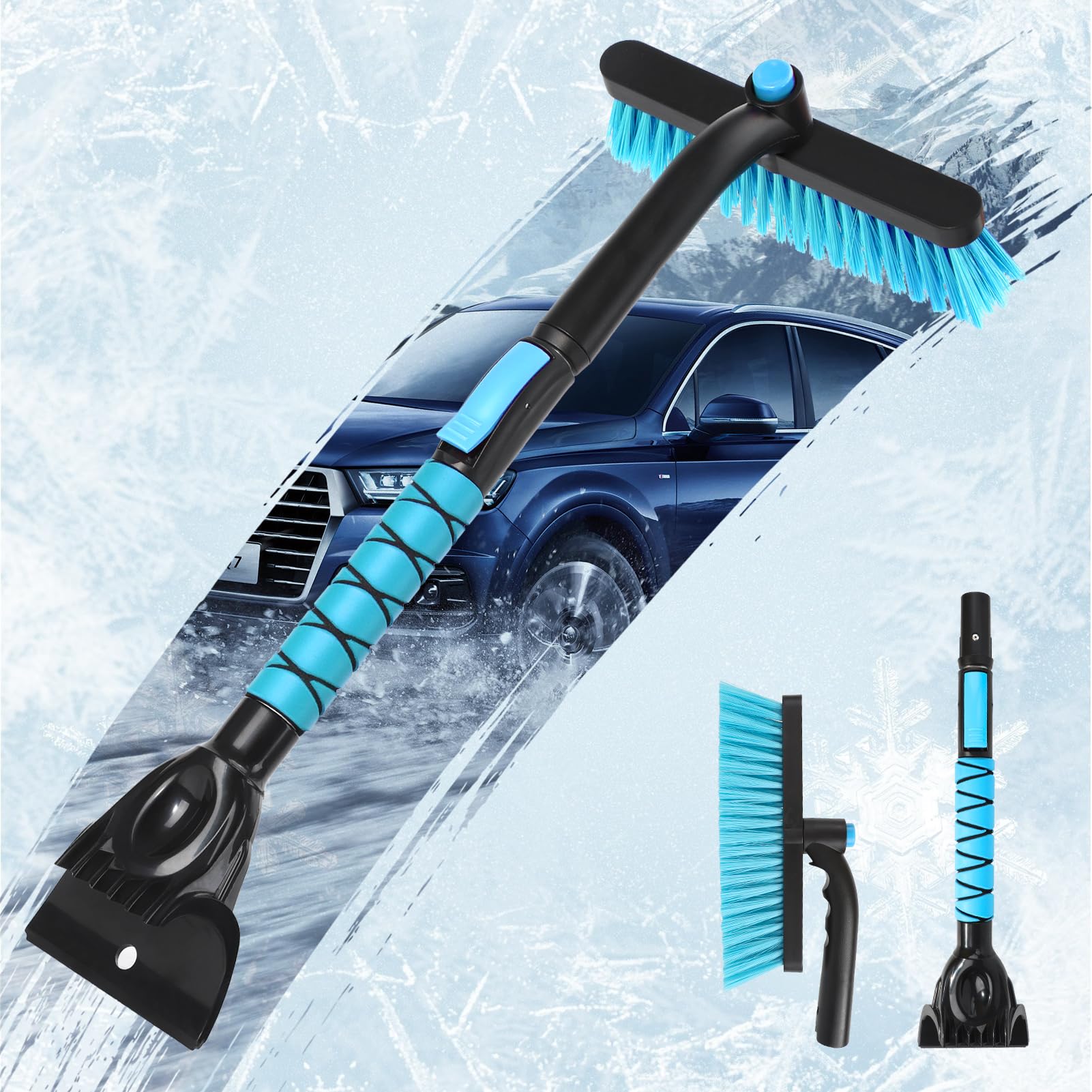 Cepillo de Nieve Extensible 2 en 1 con raspador de Hielo para Parabrisas de Coche, rascador de Ventana de Coche de 33 Pulgadas y Cepillo de Espuma para Quitar Nieve para SUV, Limpiador de