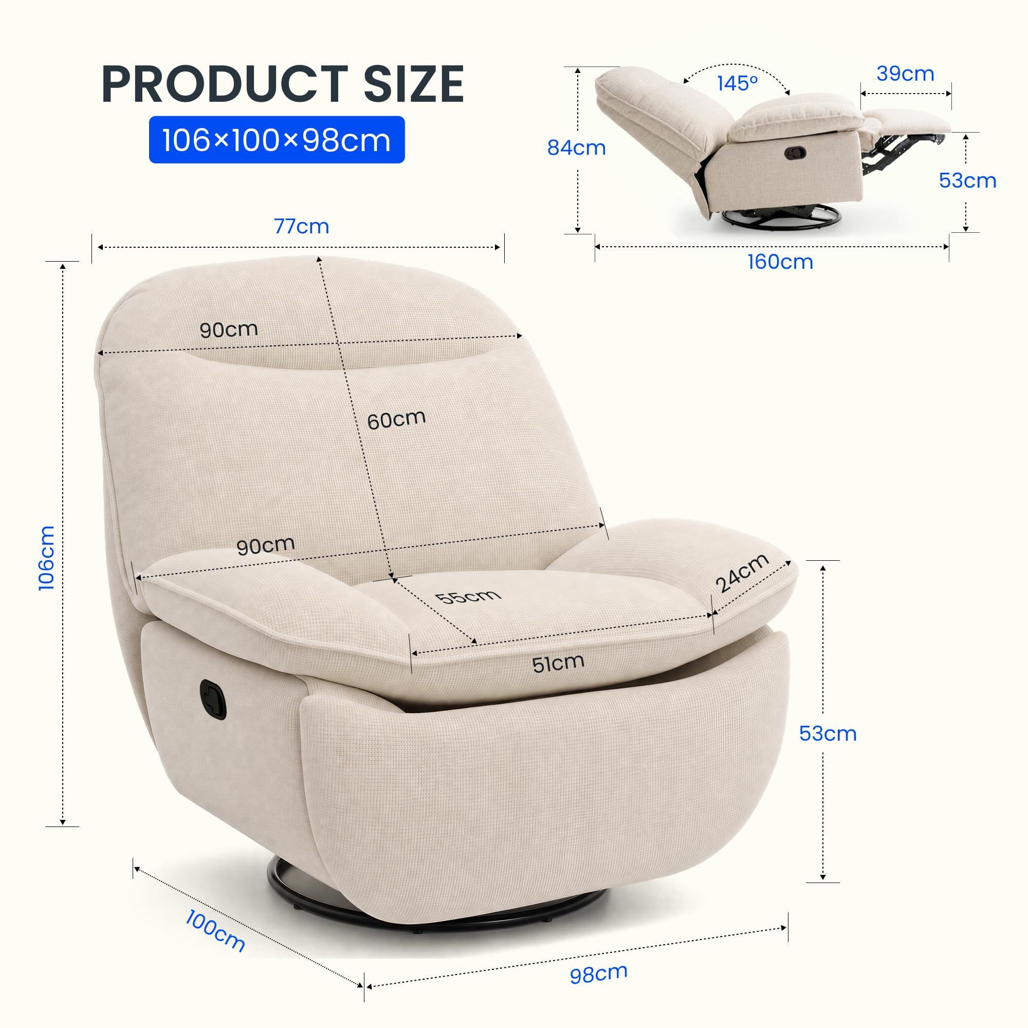 FLEXISPOT Relaxsessel, XC6, Manueller Sessel, Schlafsessel, Drehsessel mit Rocking, Liegesessel im Wohnzimmer, Fernsehsessel mit verstellbare Rückenlehne, Ruhesessel (Beige)