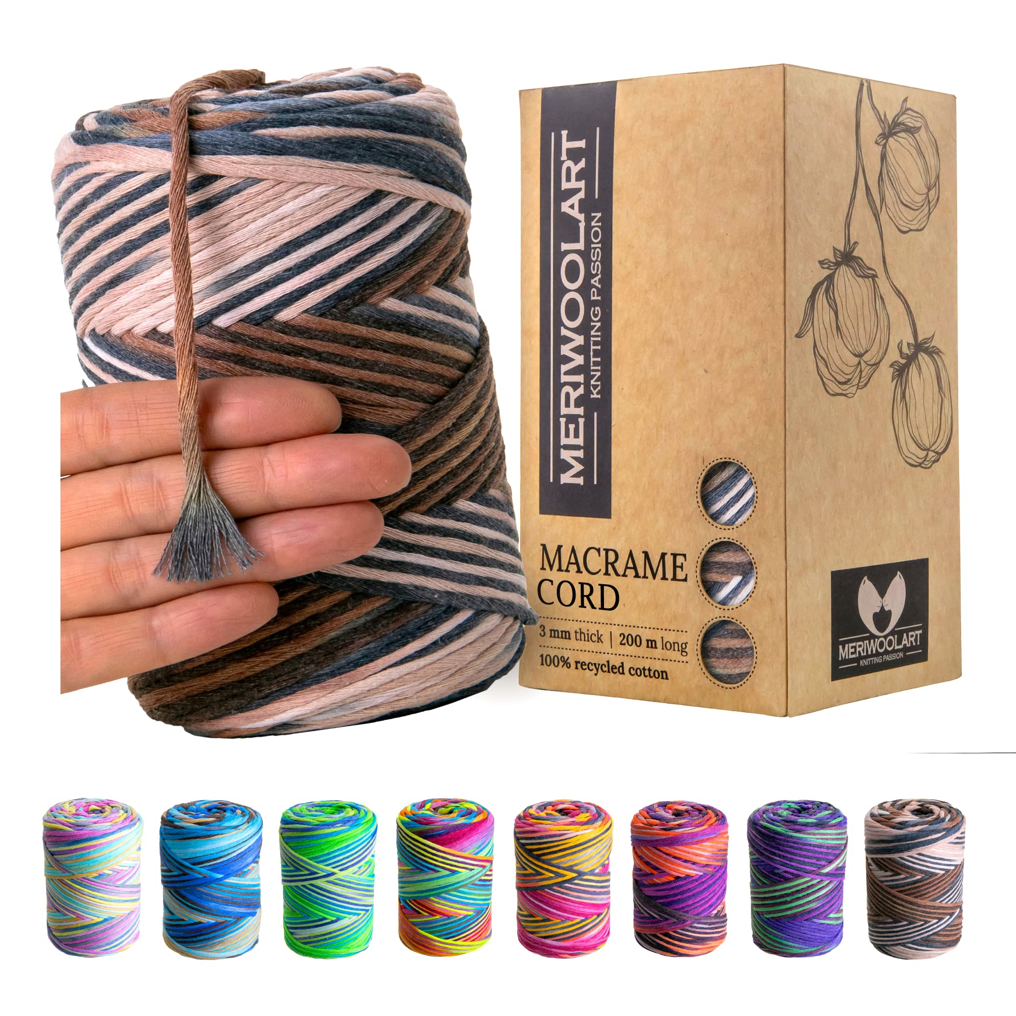 Meriwoolart Unicorn_928 Macrame Cord 3Mm - Macrame Rope 200M - Super Soft, Single Twist Macrame String - Oeko-Tex 100% Recycled Cotton Macrame Cord Coloured- For Diy Macrame Crafts, Boho Home Décor (Unicorn_928)