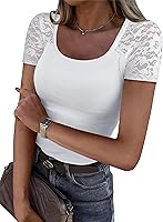 ANRABESS Women's Short Sleeve Scoop Neck Lace Rib Knit Tops Slim Fit Casual Summer Going Out Shirts