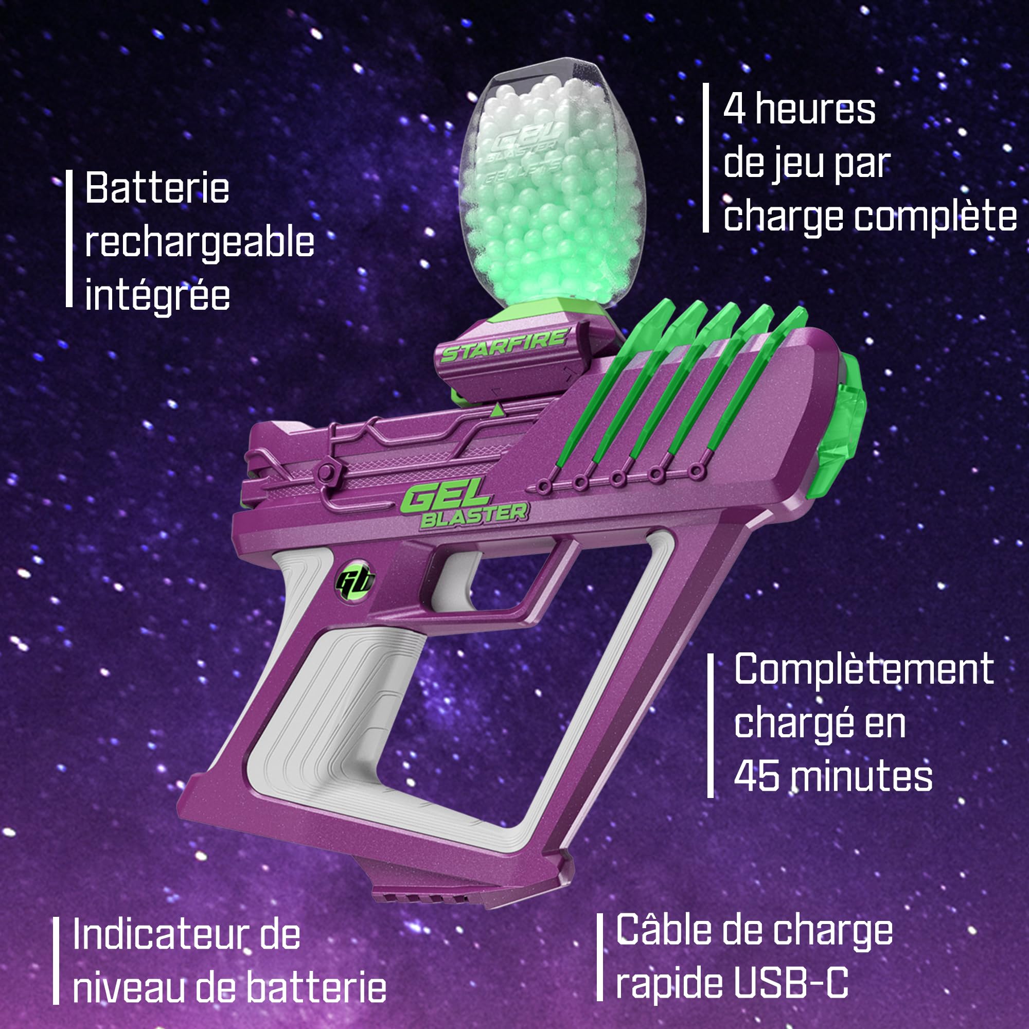 Gel Blaster Surge Starfire - Brille dans Le Noir, Semi/Auto, 30m, 14+ | Munitions Starfire lumineuses, canons interchangeables, batterie USB-C (4h), inclus lunettes.