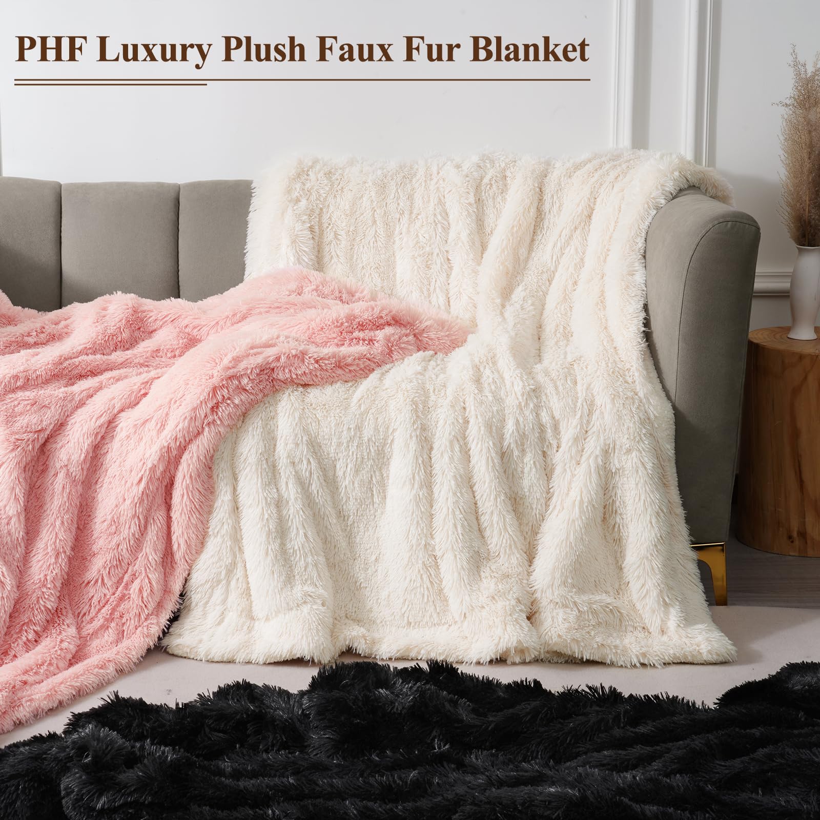 PHF Luxury Fuzzy Faux Fur Queen Blanket, Soft Shaggy Plush Comfy Blanket, Warm Thick Fluffy Blanket for Couch, Bed, Chair, Sofa, Furry Elegant Throw for Home Decor, Cream, 90" x 90"